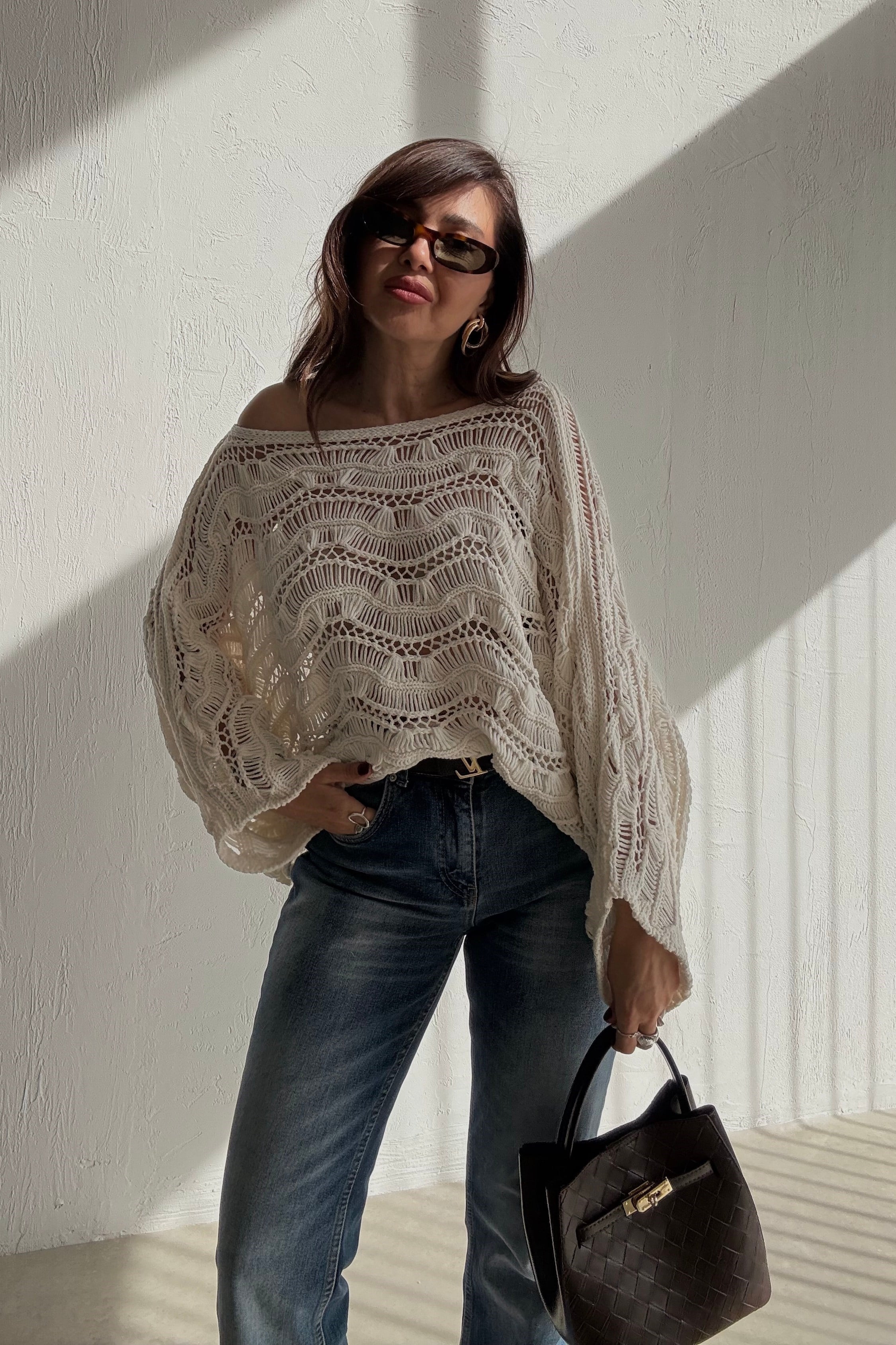 Ekru Ajurlu Triko Bluz 