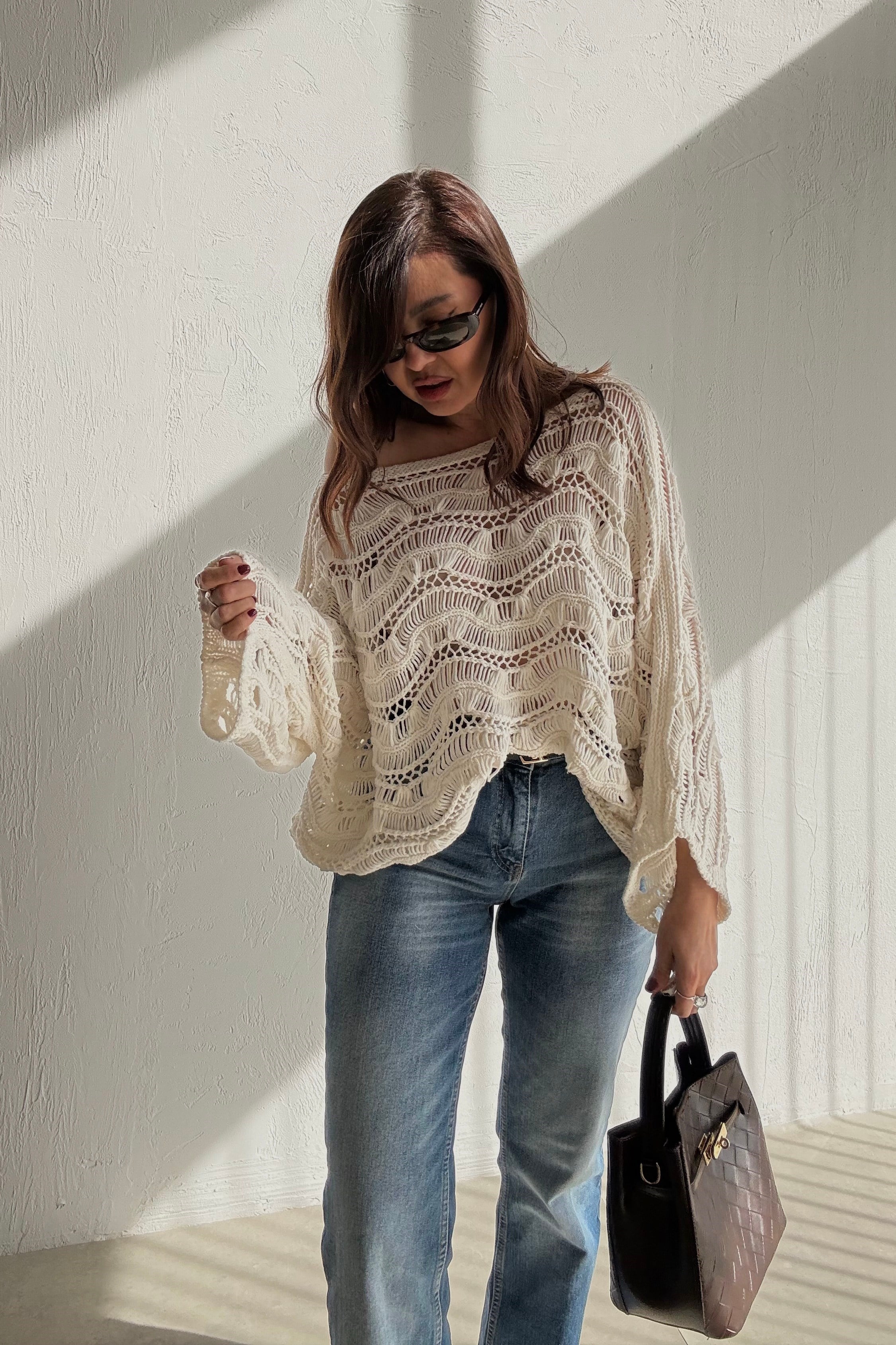 Ekru Ajurlu Triko Bluz 