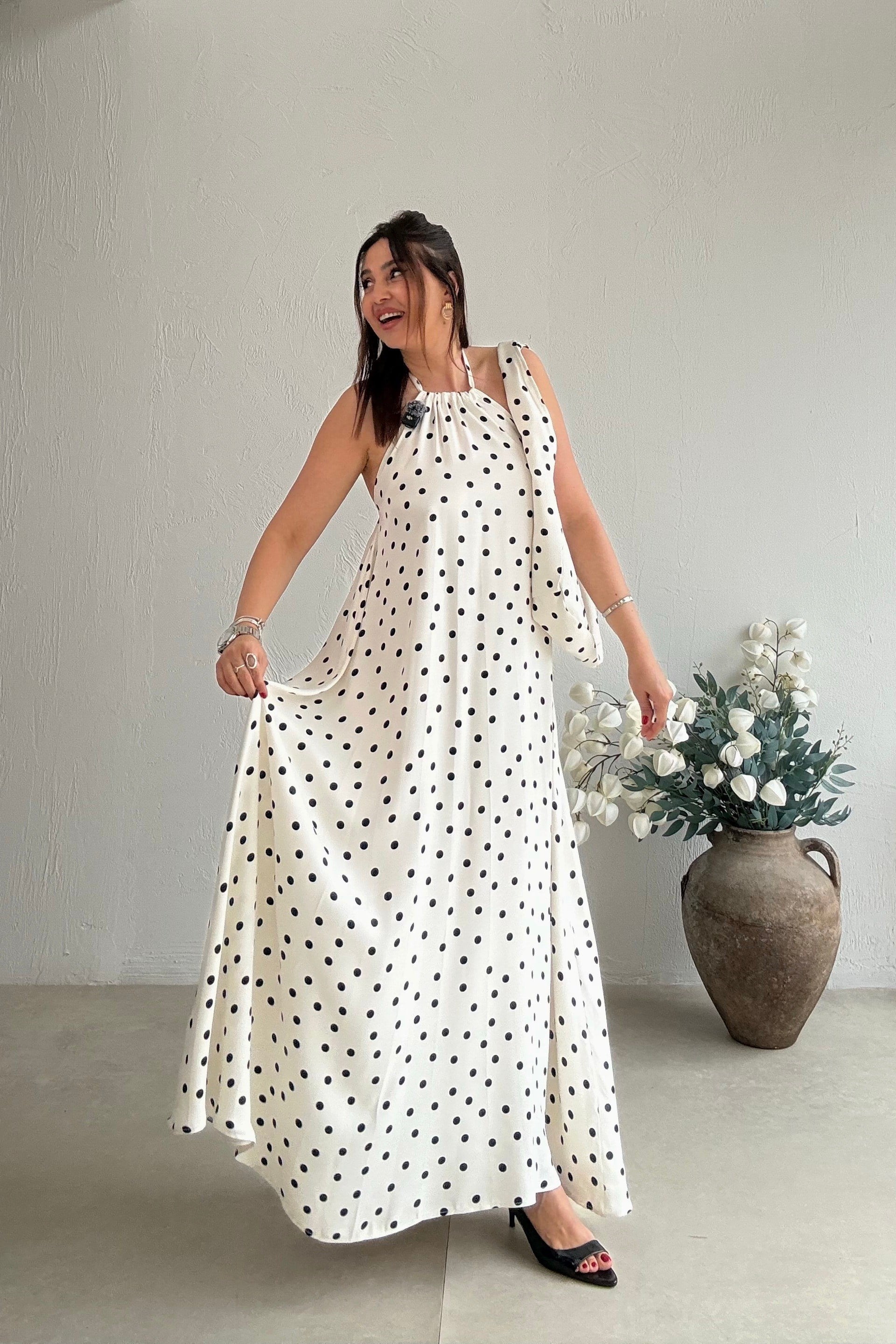 Ekru Çantalı Uçuş Elbise 