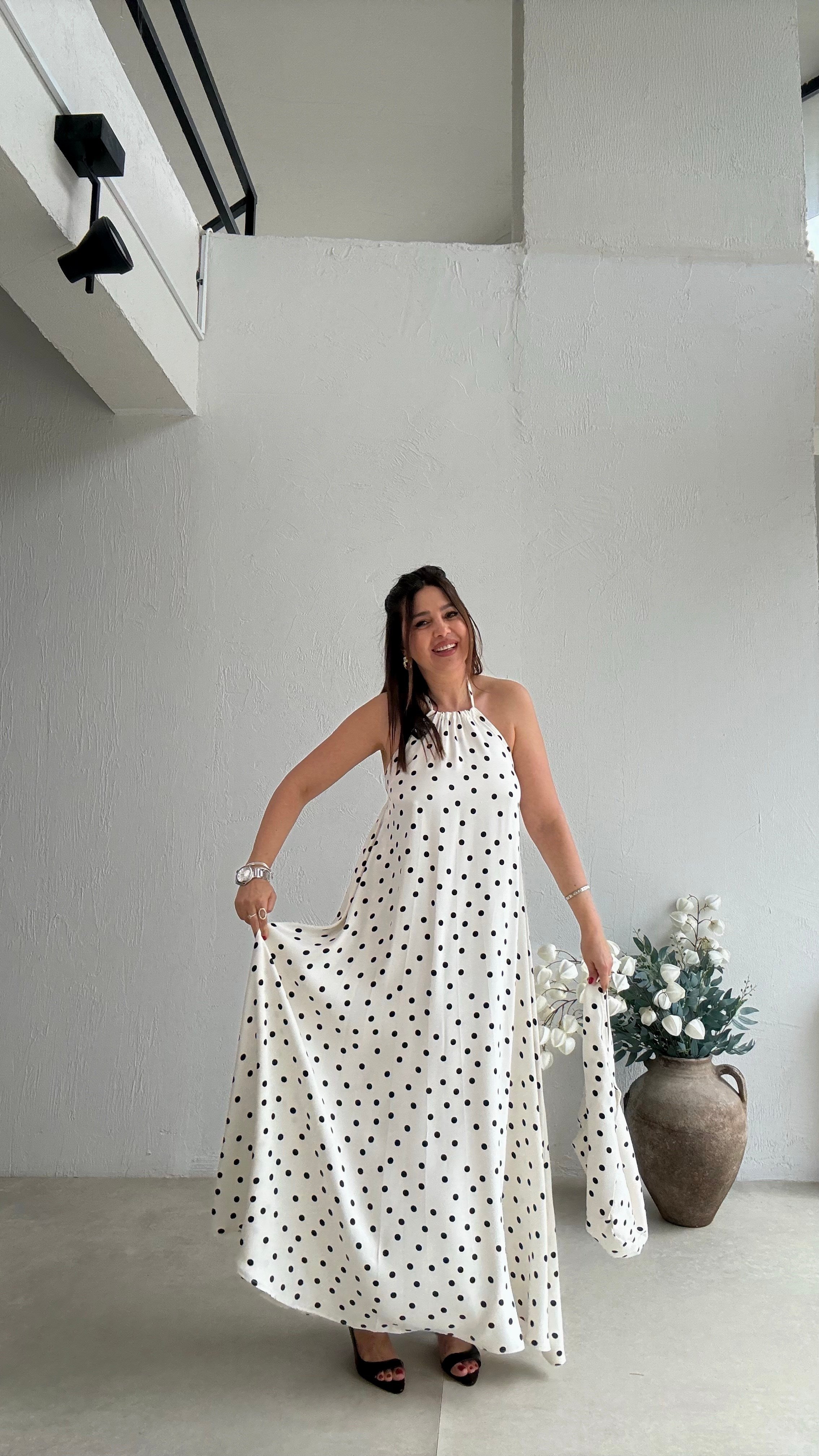 Ekru Çantalı Uçuş Elbise 