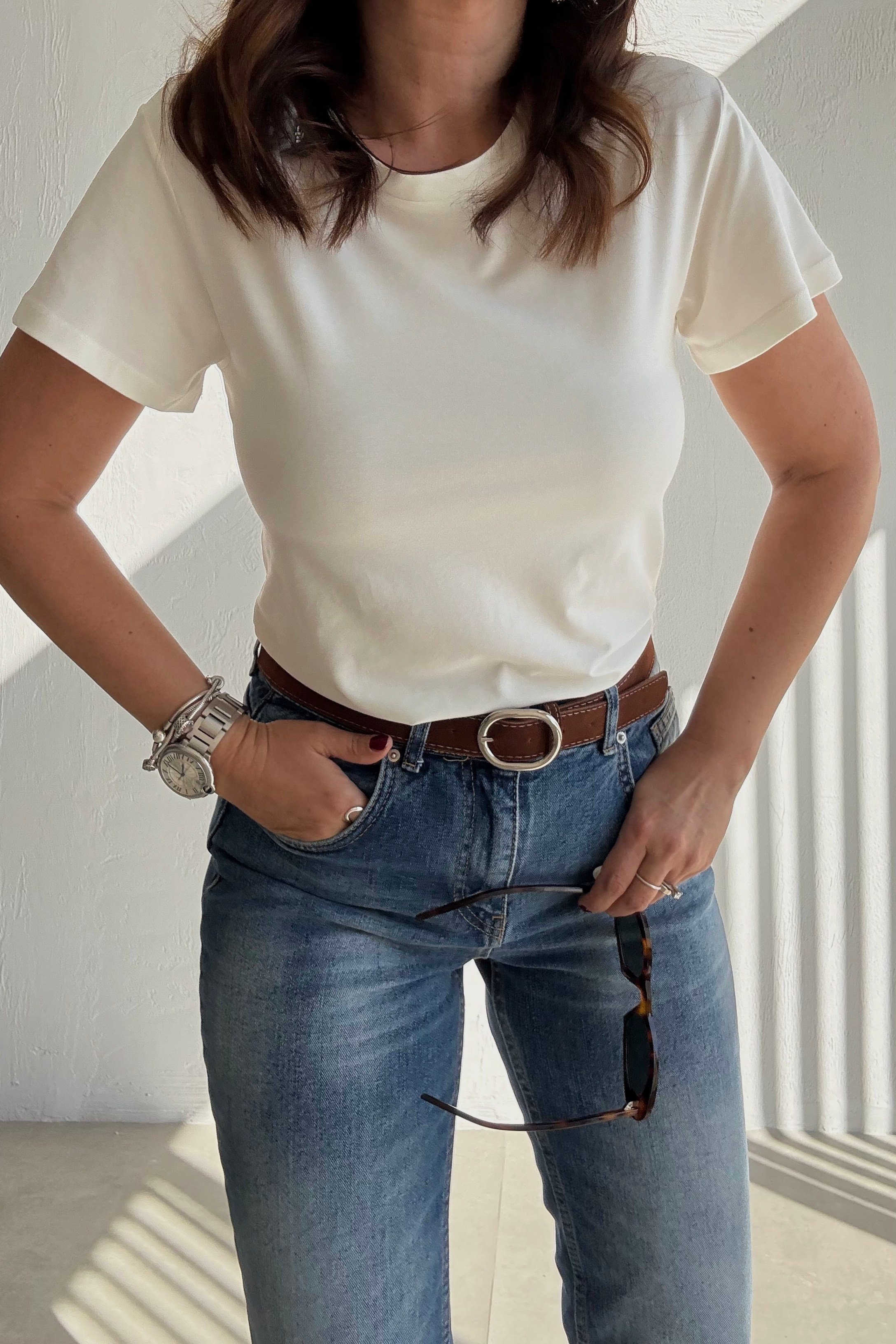 Ekru Gramajlı Basic Tişört 