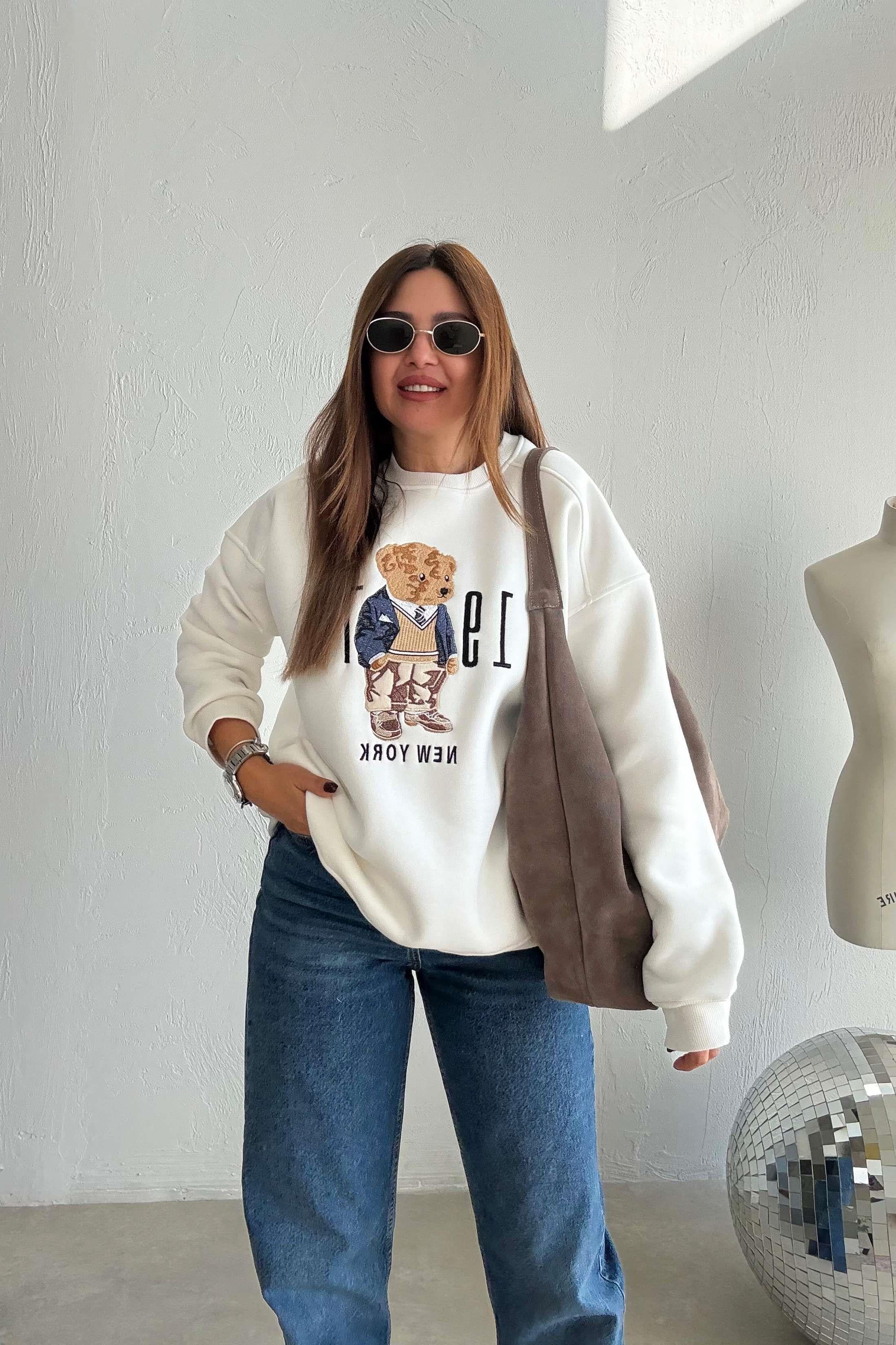 Ekru Teddy Nakışlı Sweatshirt 