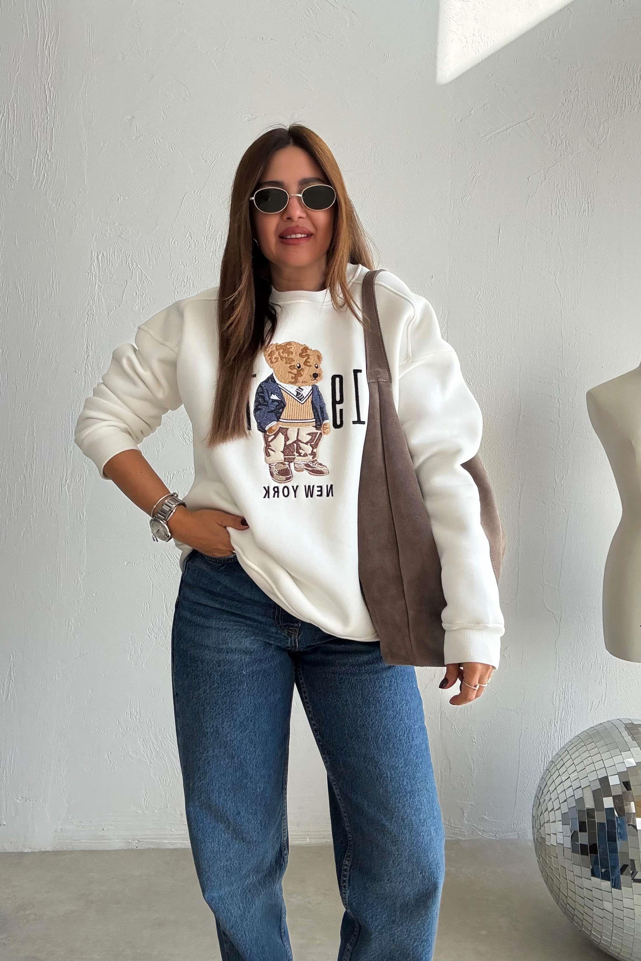 Ekru Teddy Nakışlı Sweatshirt 