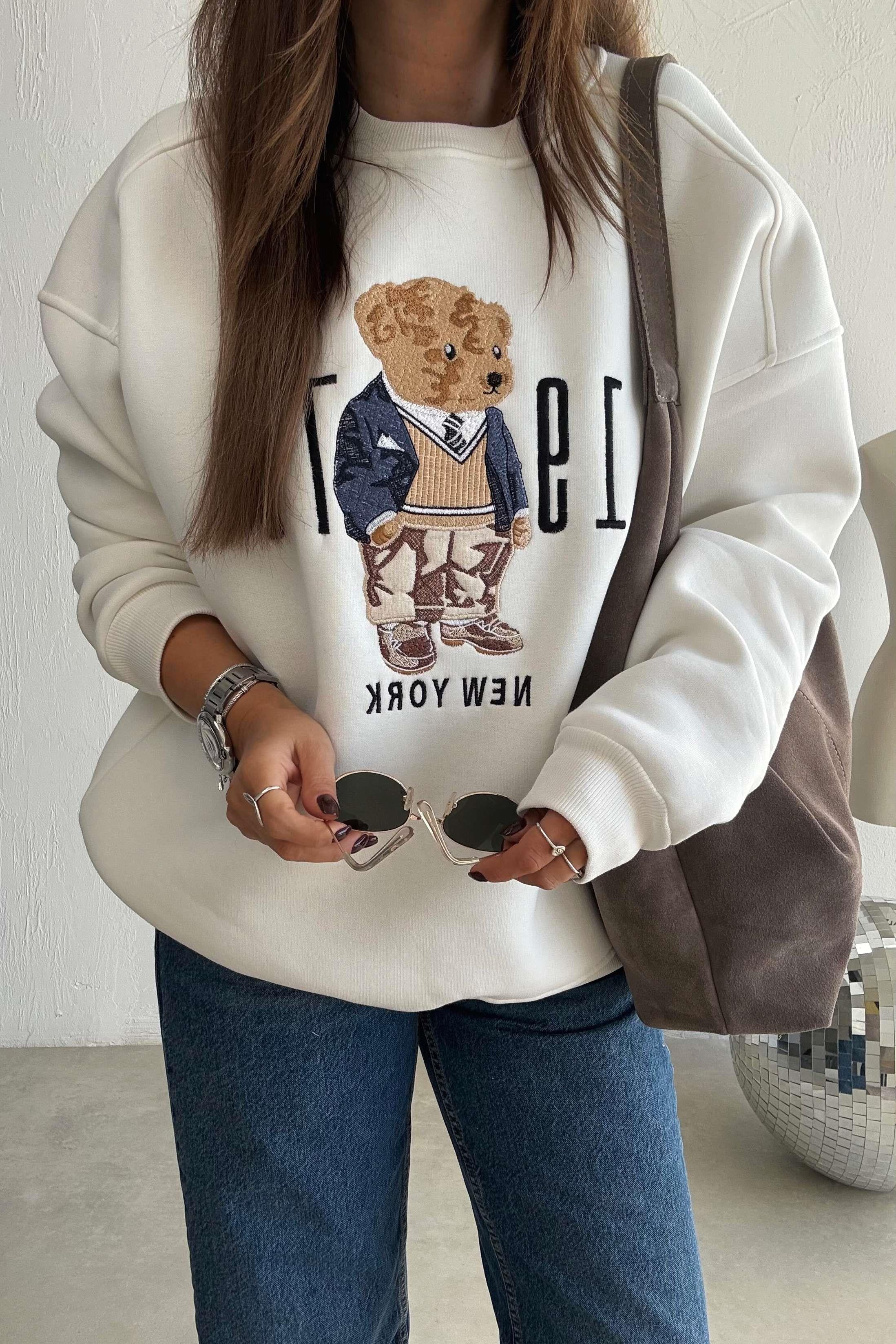 Ekru Teddy Nakışlı Sweatshirt 