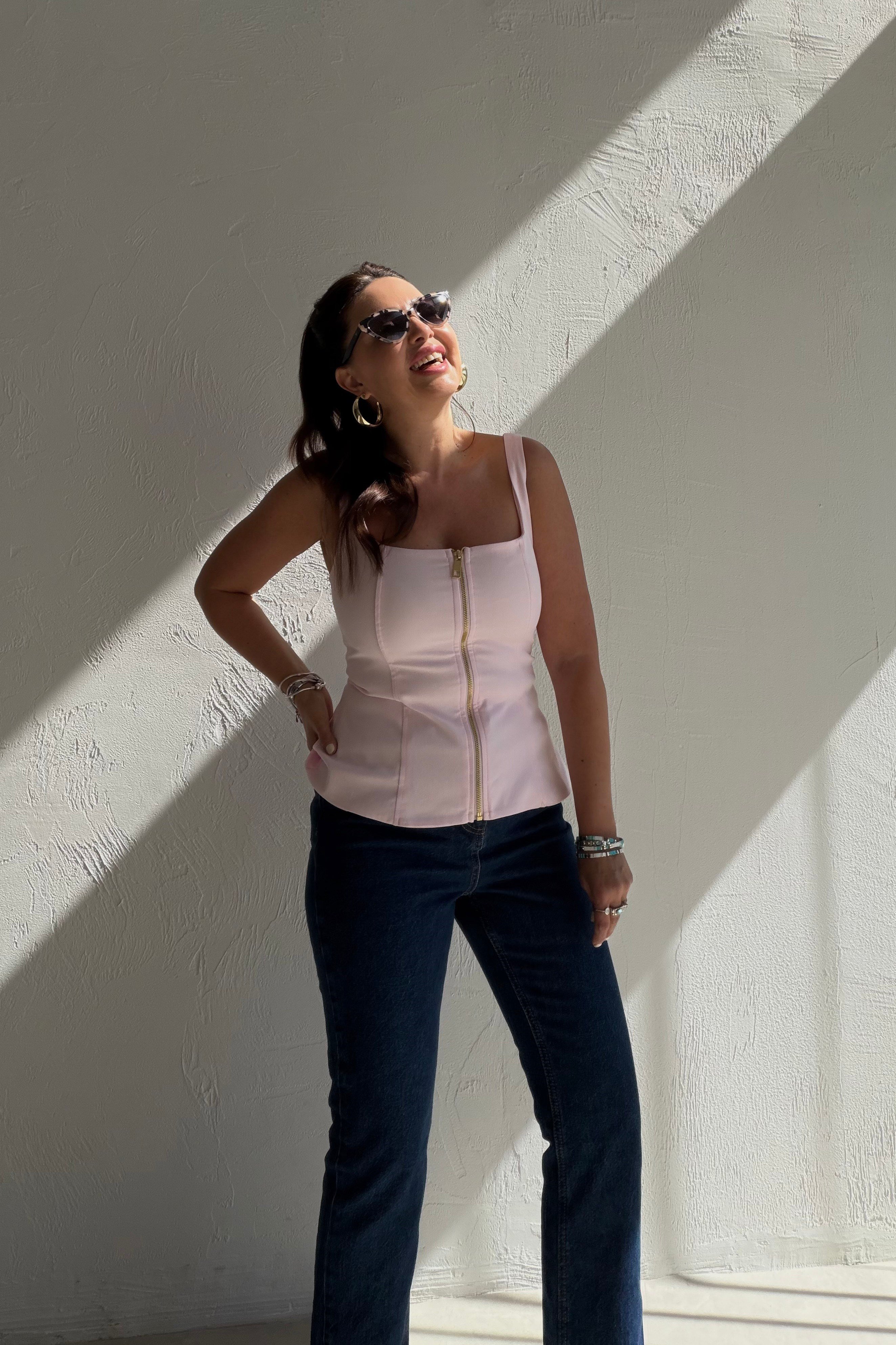 Fermuarlı Crop Bluz PEMBE