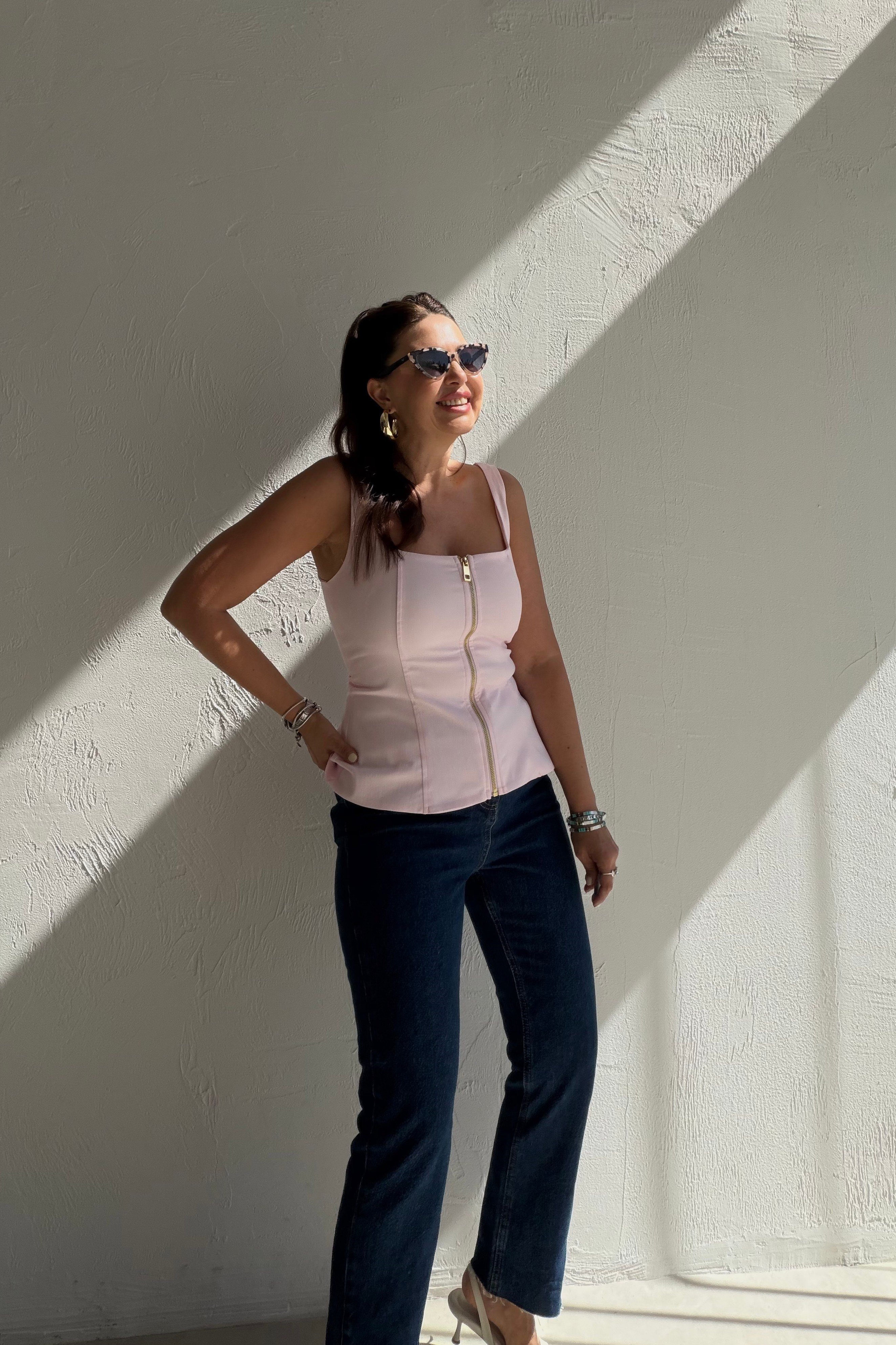 Fermuarlı Crop Bluz PEMBE