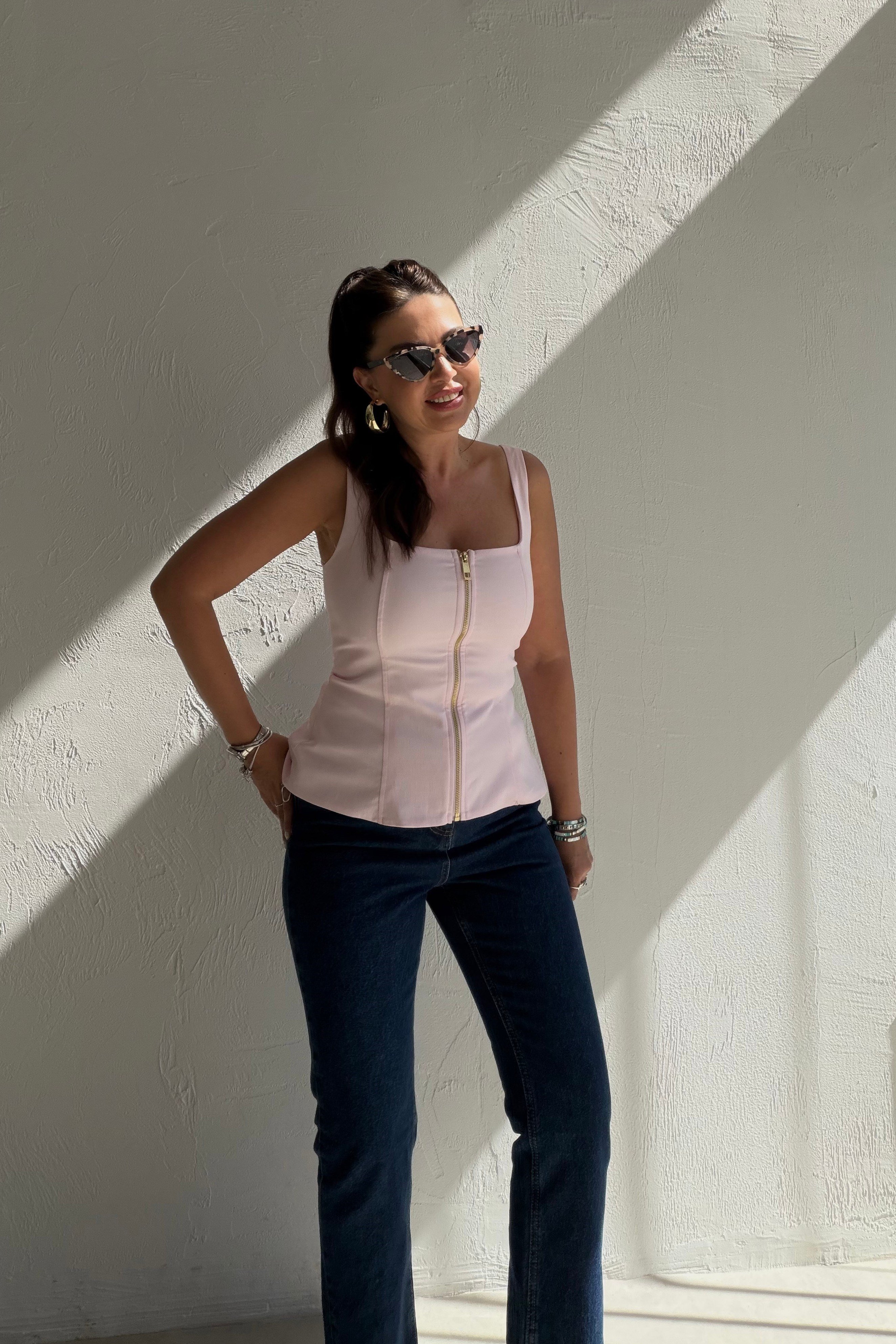 Fermuarlı Crop Bluz PEMBE