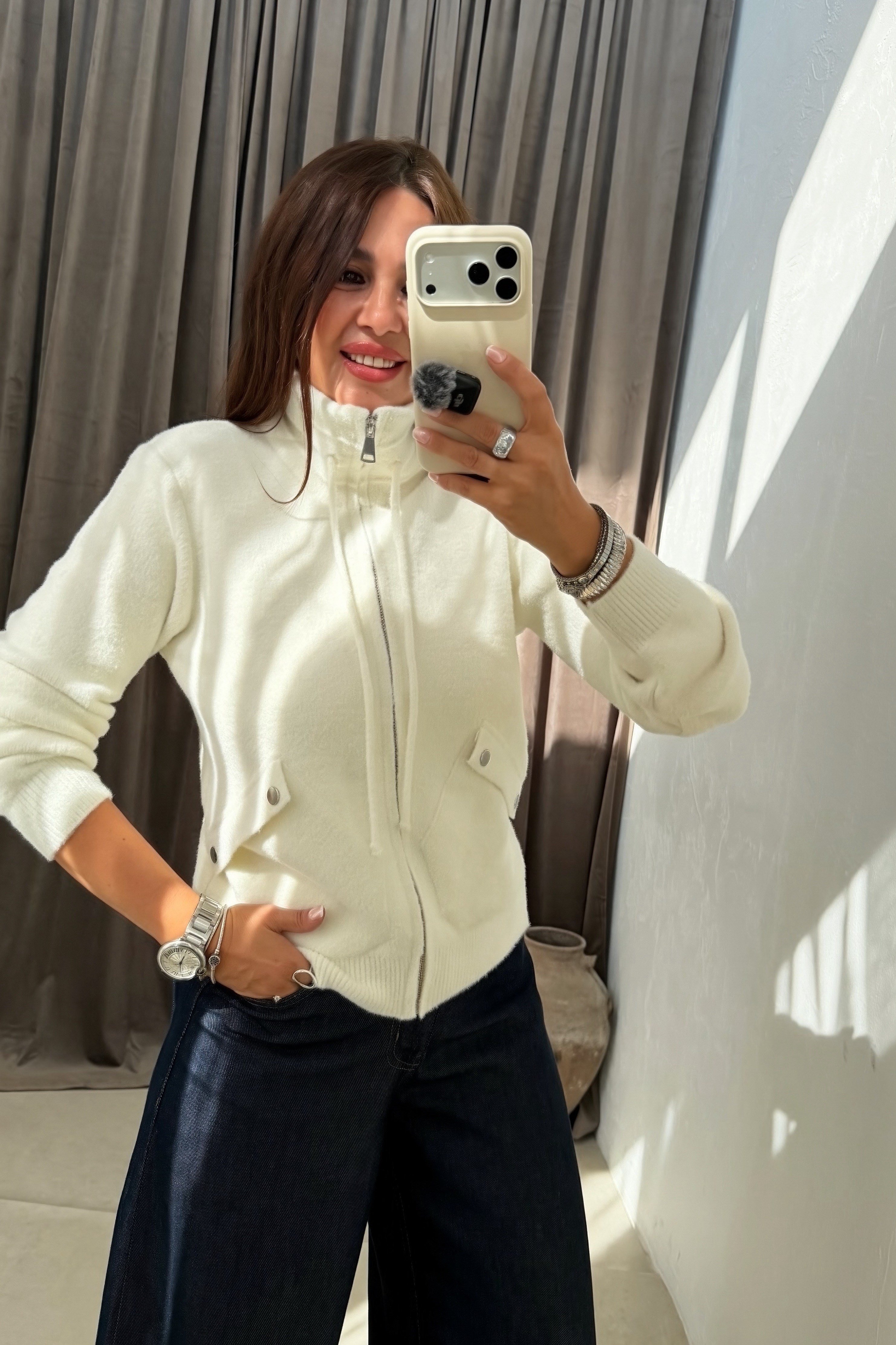 Fermuarlı Triko Ceket EKRU