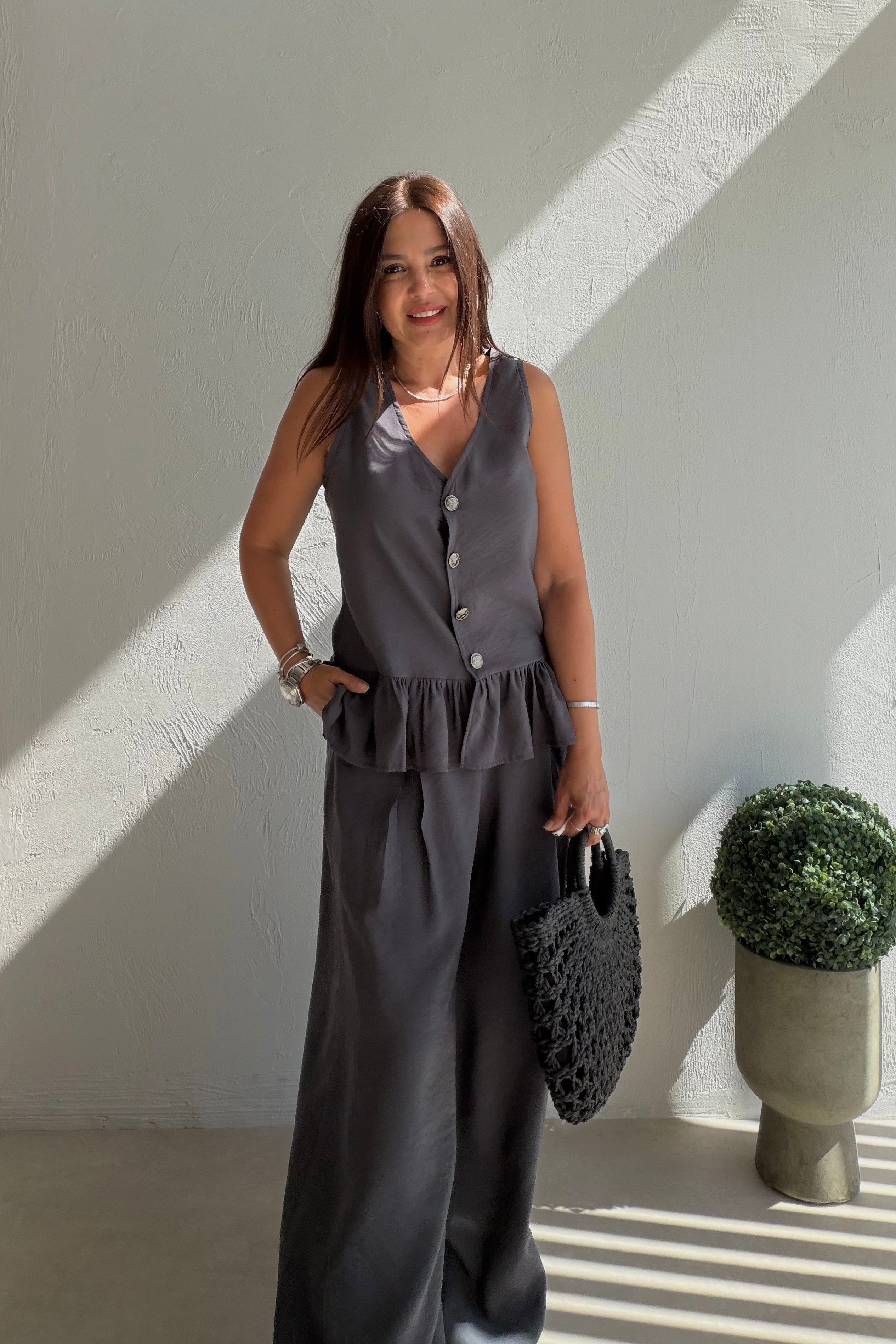 Fırfır Detaylı Yelek Pantalon Takım ANTRASİT