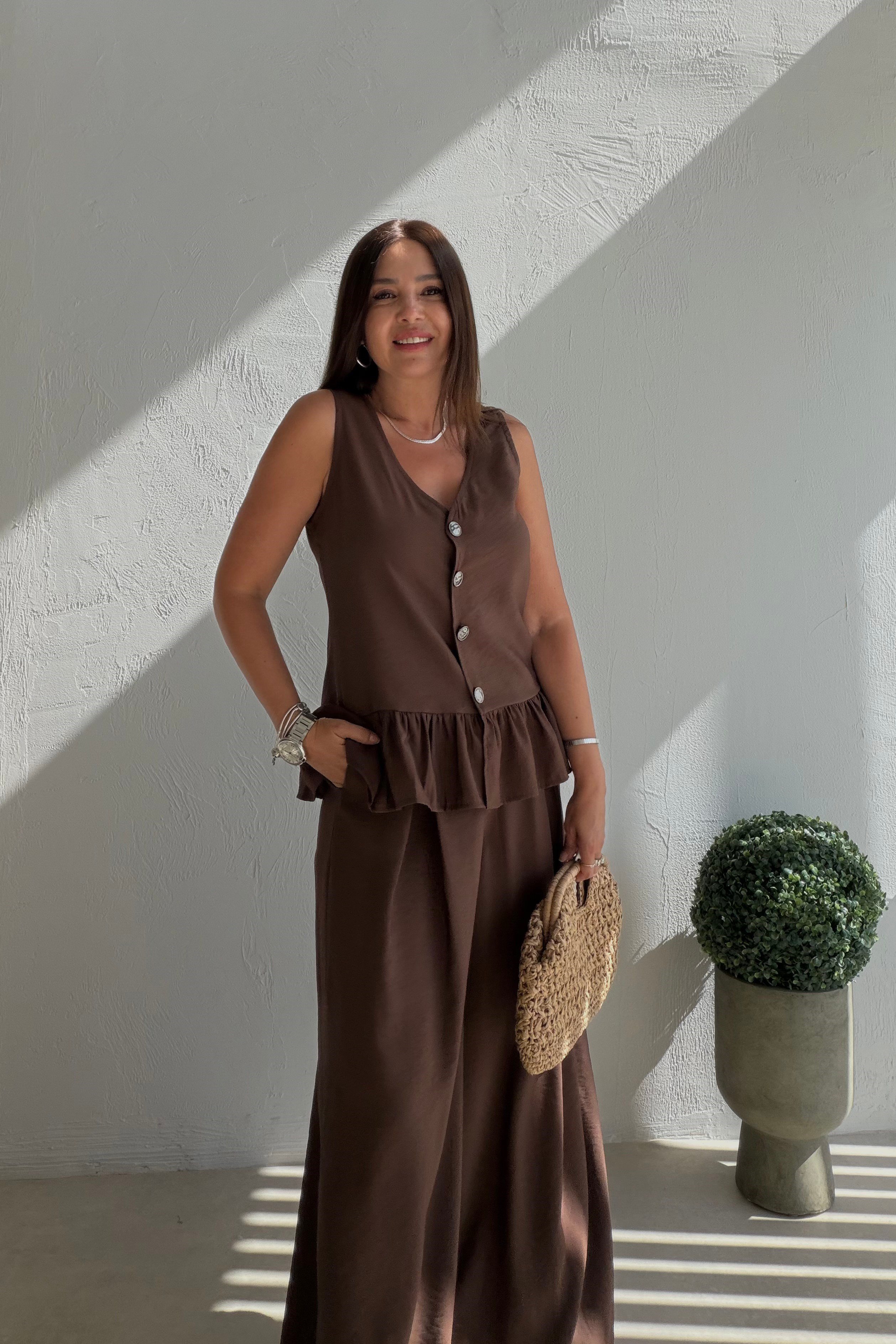 Fırfır Detaylı Yelek Pantalon Takım KAHVERENGİ