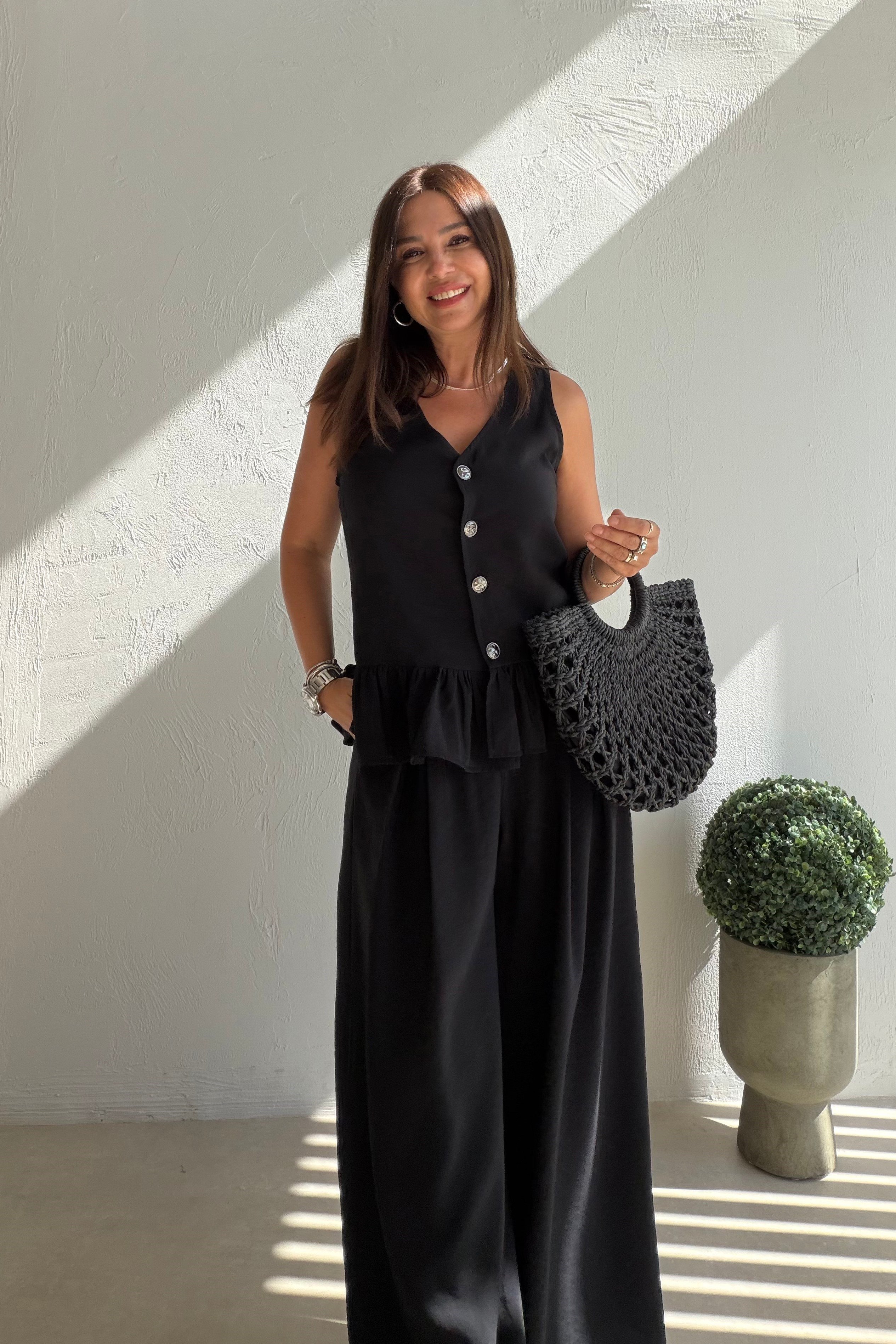 Fırfır Detaylı Yelek Pantalon Takım SİYAH