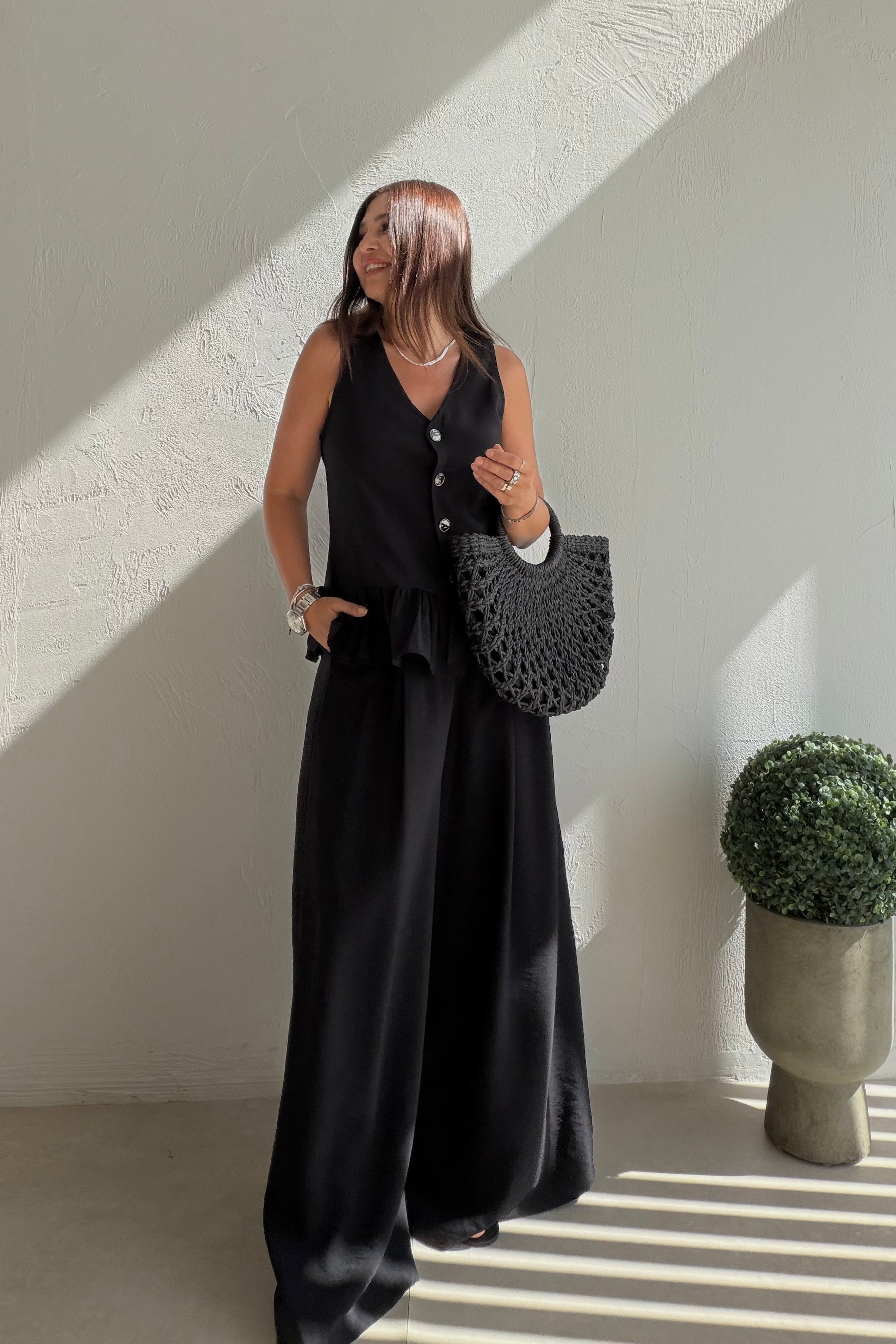 Fırfır Detaylı Yelek Pantalon Takım SİYAH