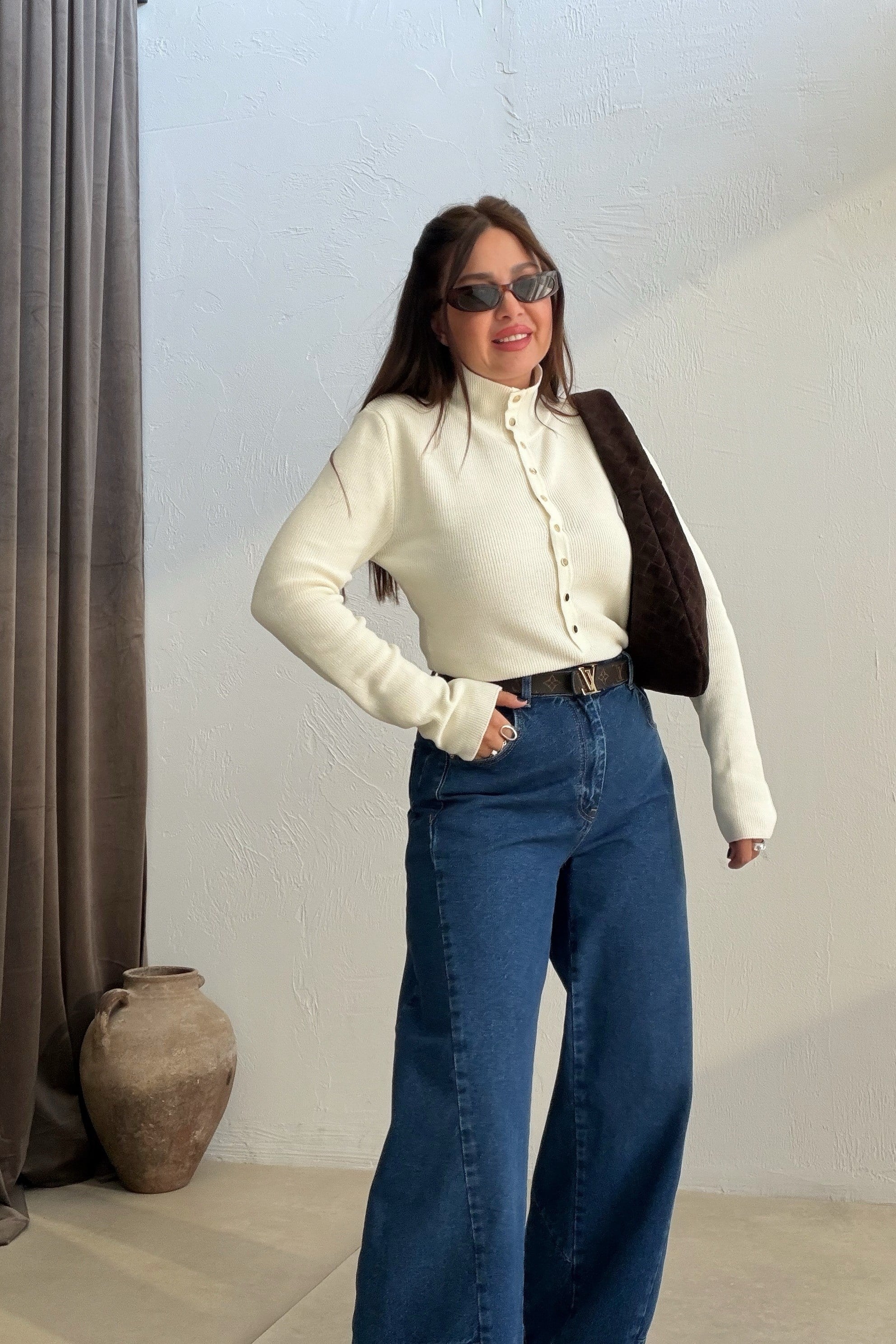 Fitilli Düğmeli Dik Yaka Triko EKRU