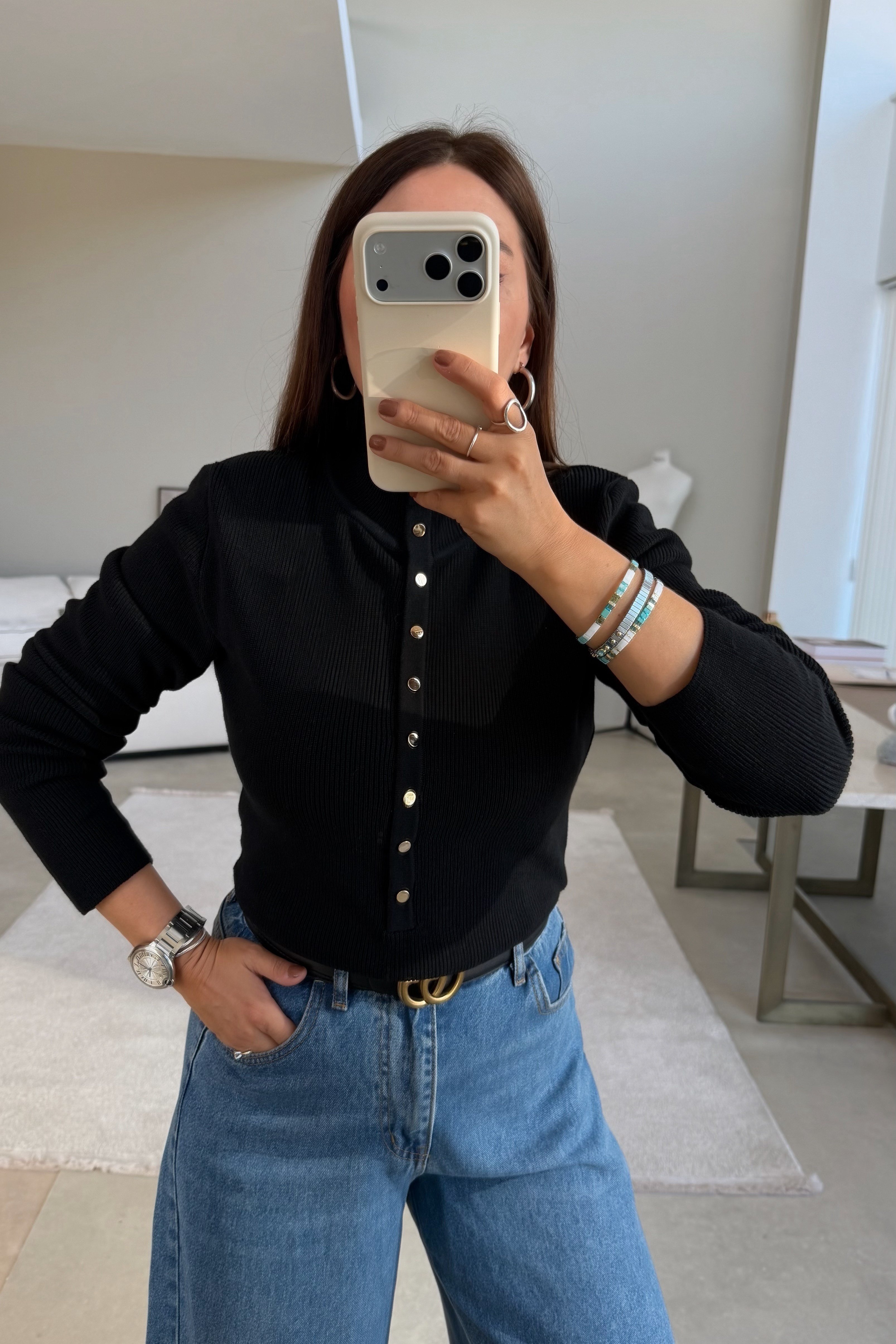 Fitilli Düğmeli Dik Yaka Triko SİYAH
