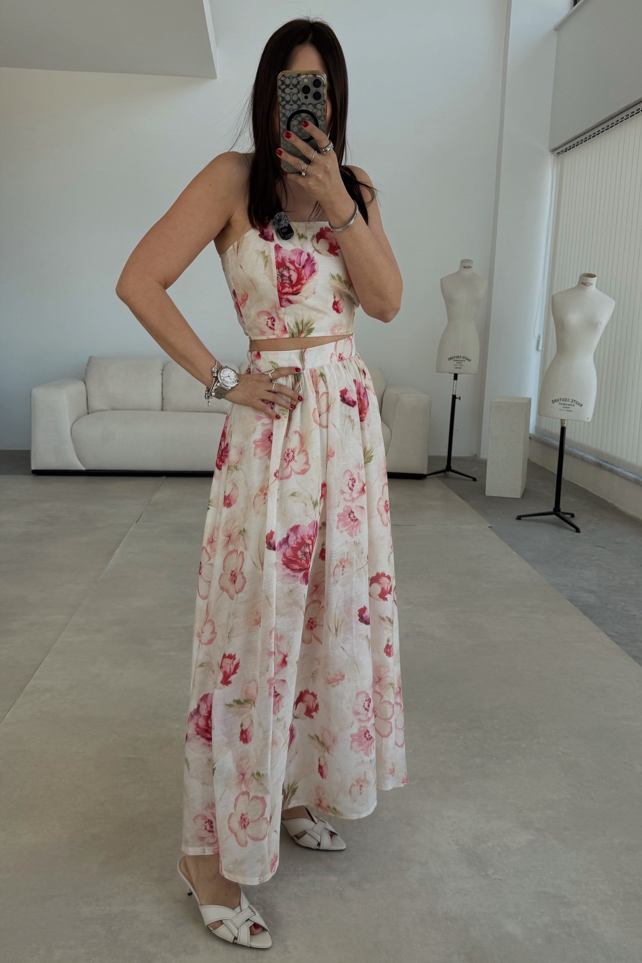 Floral Bluz Etek Takım BEJ