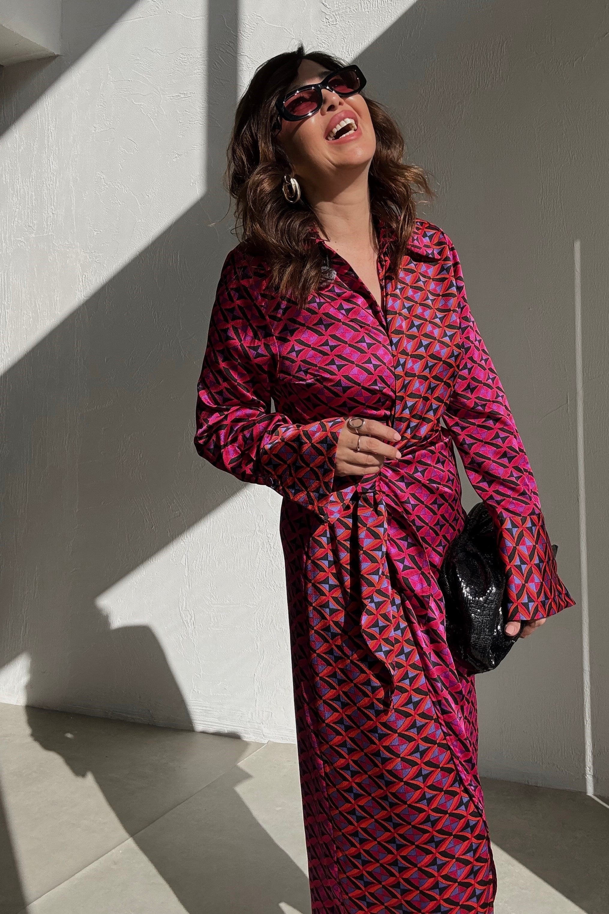 Fuşya Geometrik Desenli Elbise 