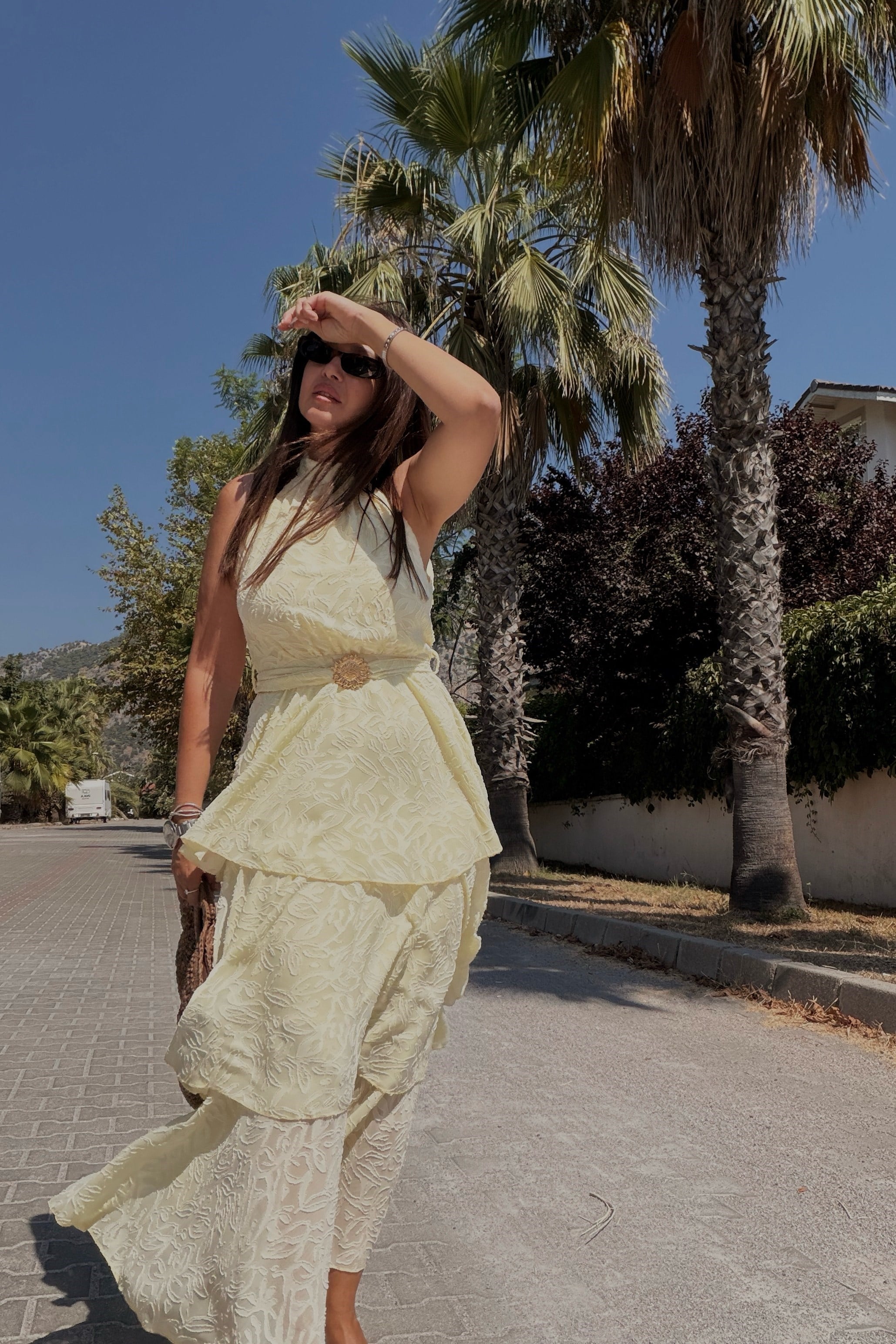 Halter Yaka Katlı Elbise SARI
