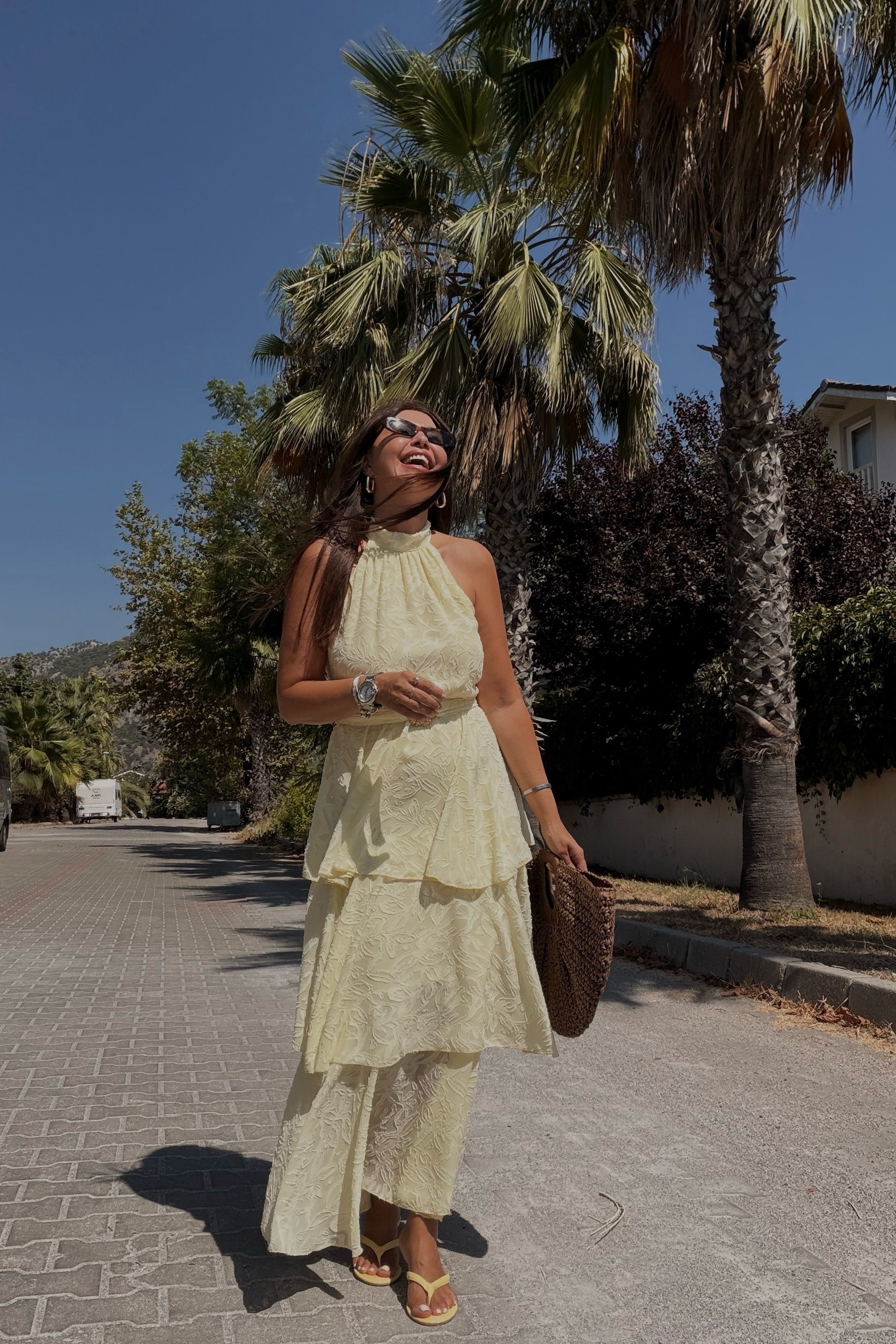 Halter Yaka Katlı Elbise SARI