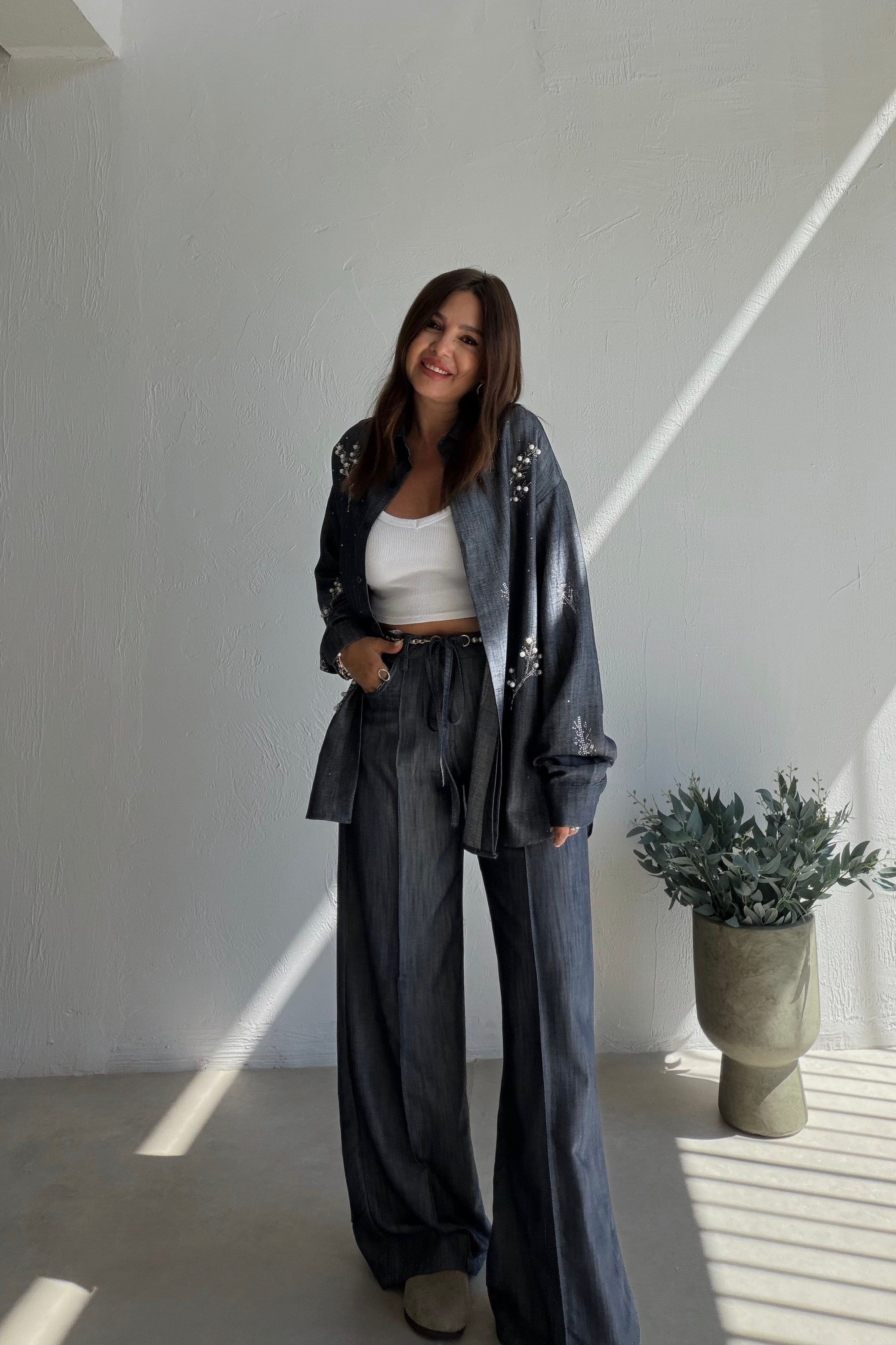 Işıltılı Denim Gömlek Pantolon Takım MAVİ