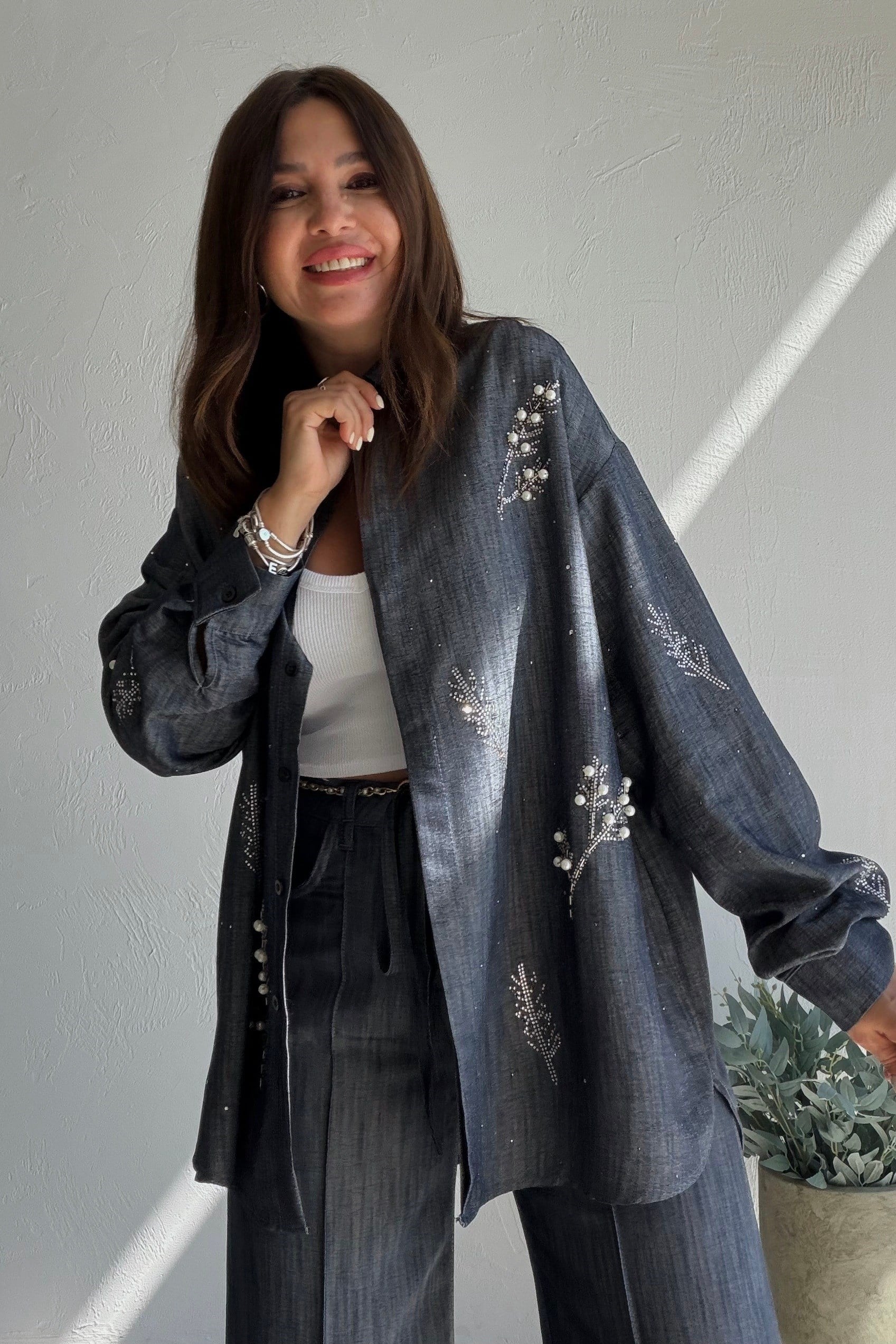 Işıltılı Denim Gömlek Pantolon Takım MAVİ