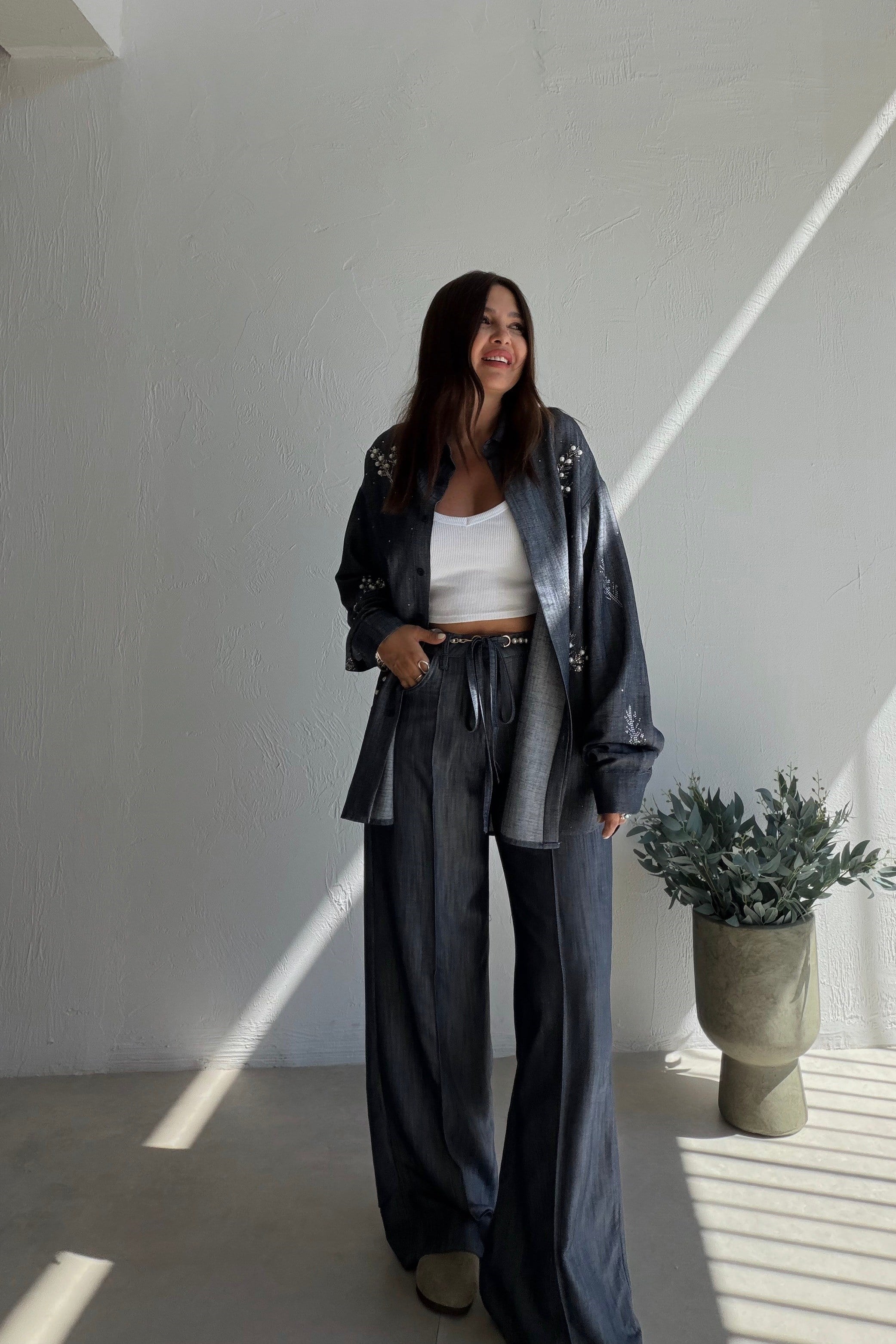 Işıltılı Denim Gömlek Pantolon Takım MAVİ