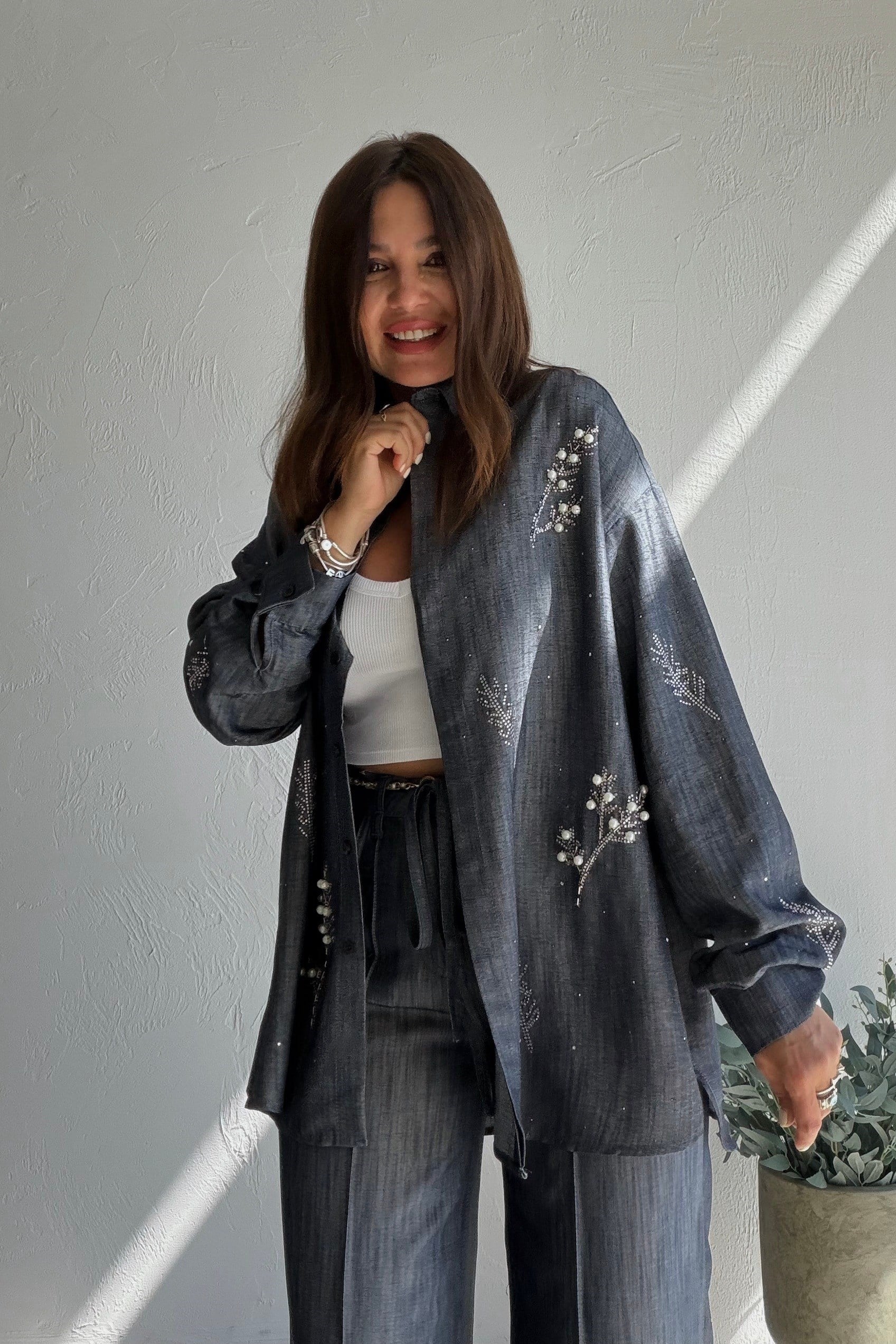 Işıltılı Denim Gömlek Pantolon Takım MAVİ