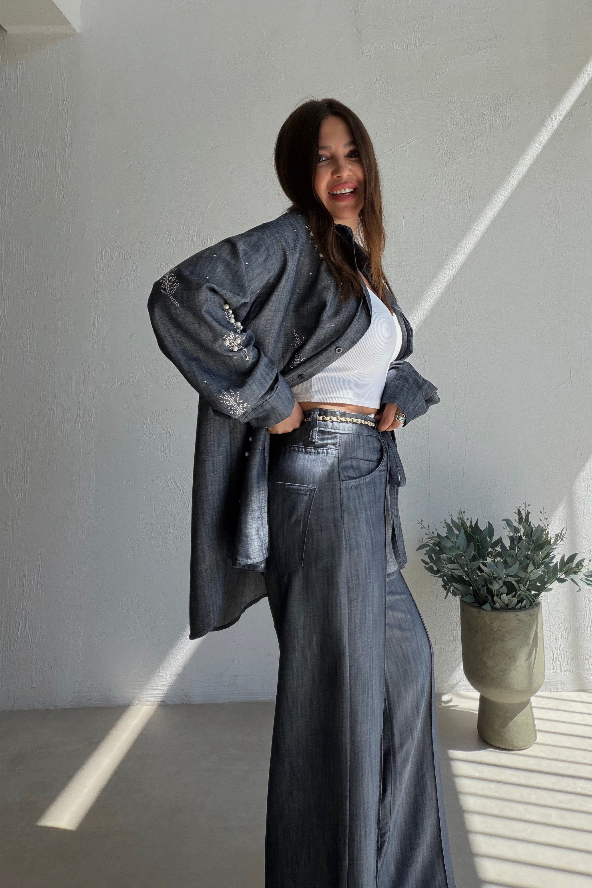 Işıltılı Denim Gömlek Pantolon Takım MAVİ
