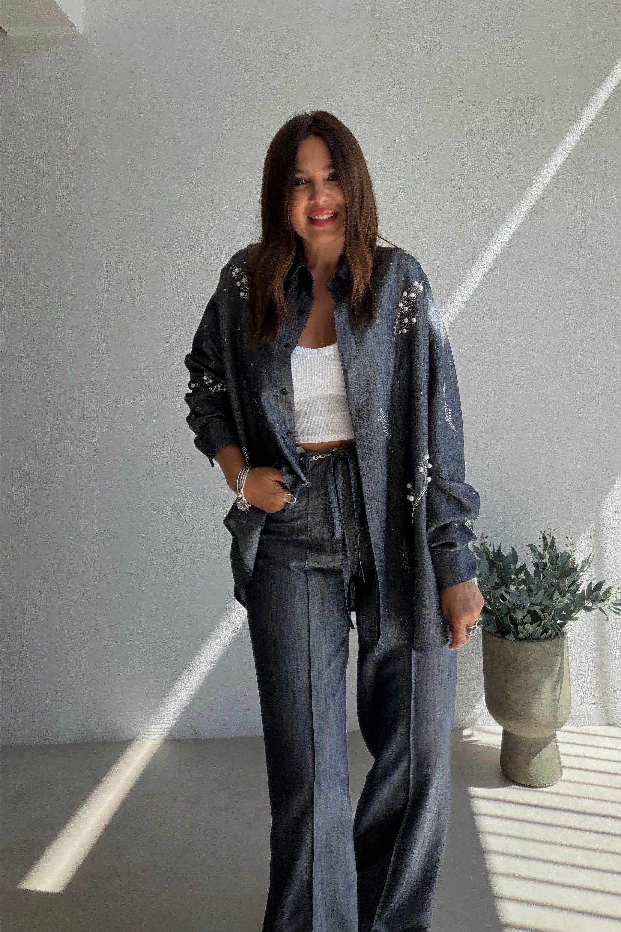 Işıltılı Denim Gömlek Pantolon Takım MAVİ