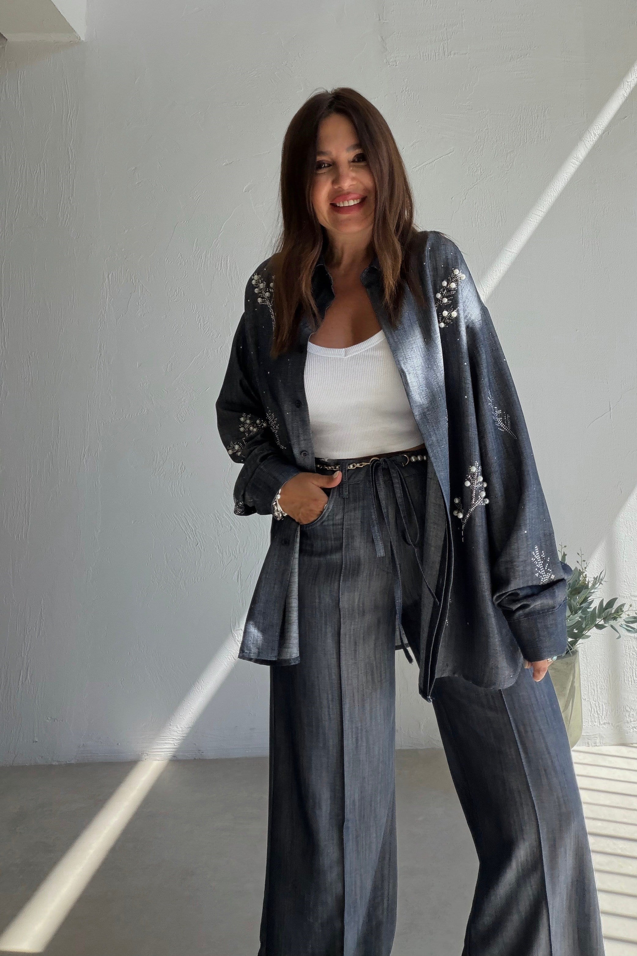 Işıltılı Denim Gömlek Pantolon Takım MAVİ