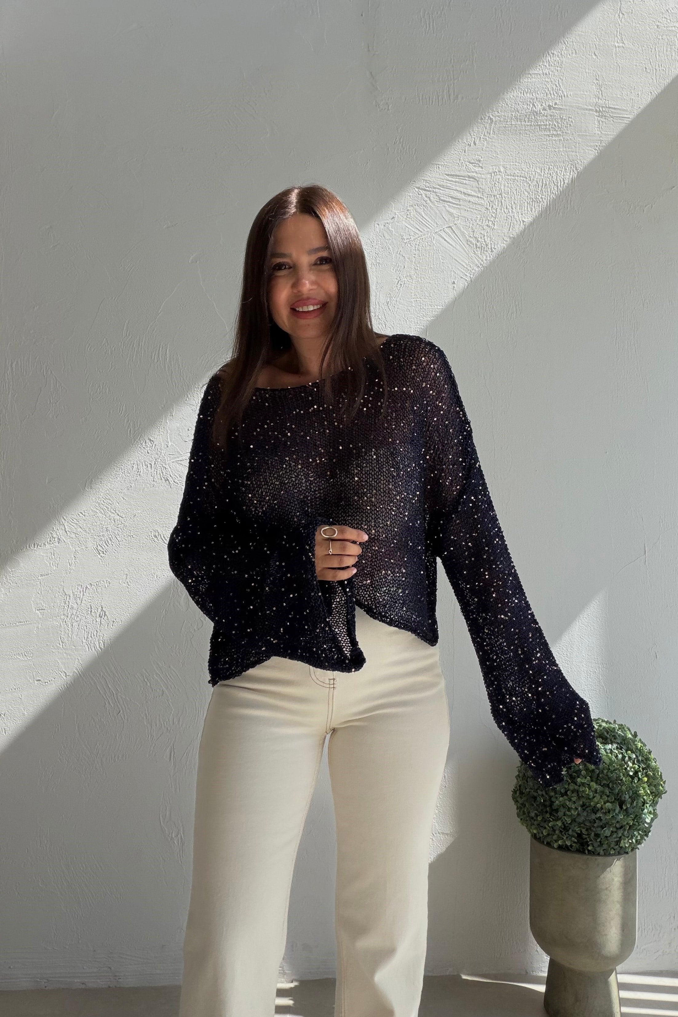 Işıltılı File Bluz LACİVERT