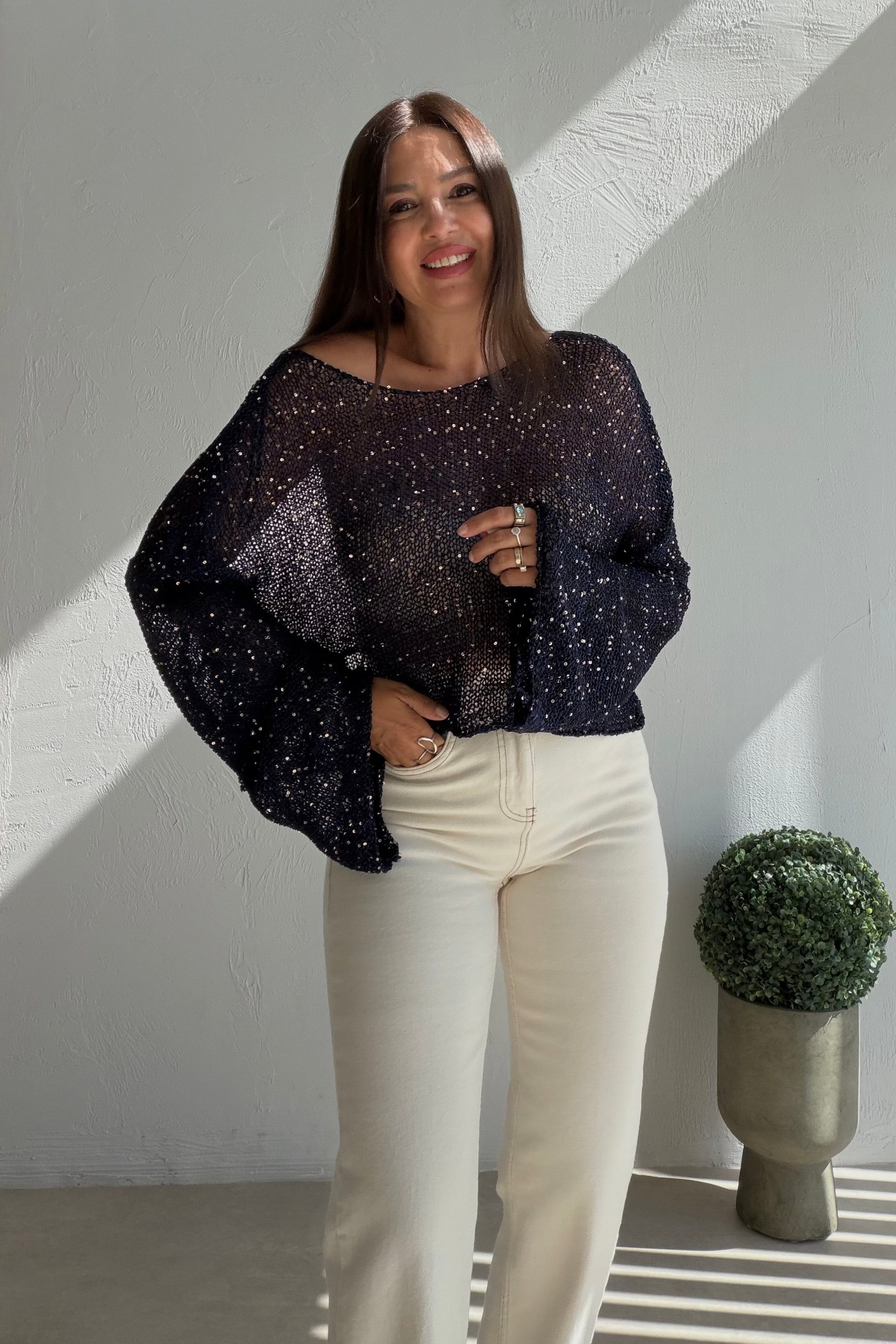 Işıltılı File Bluz LACİVERT