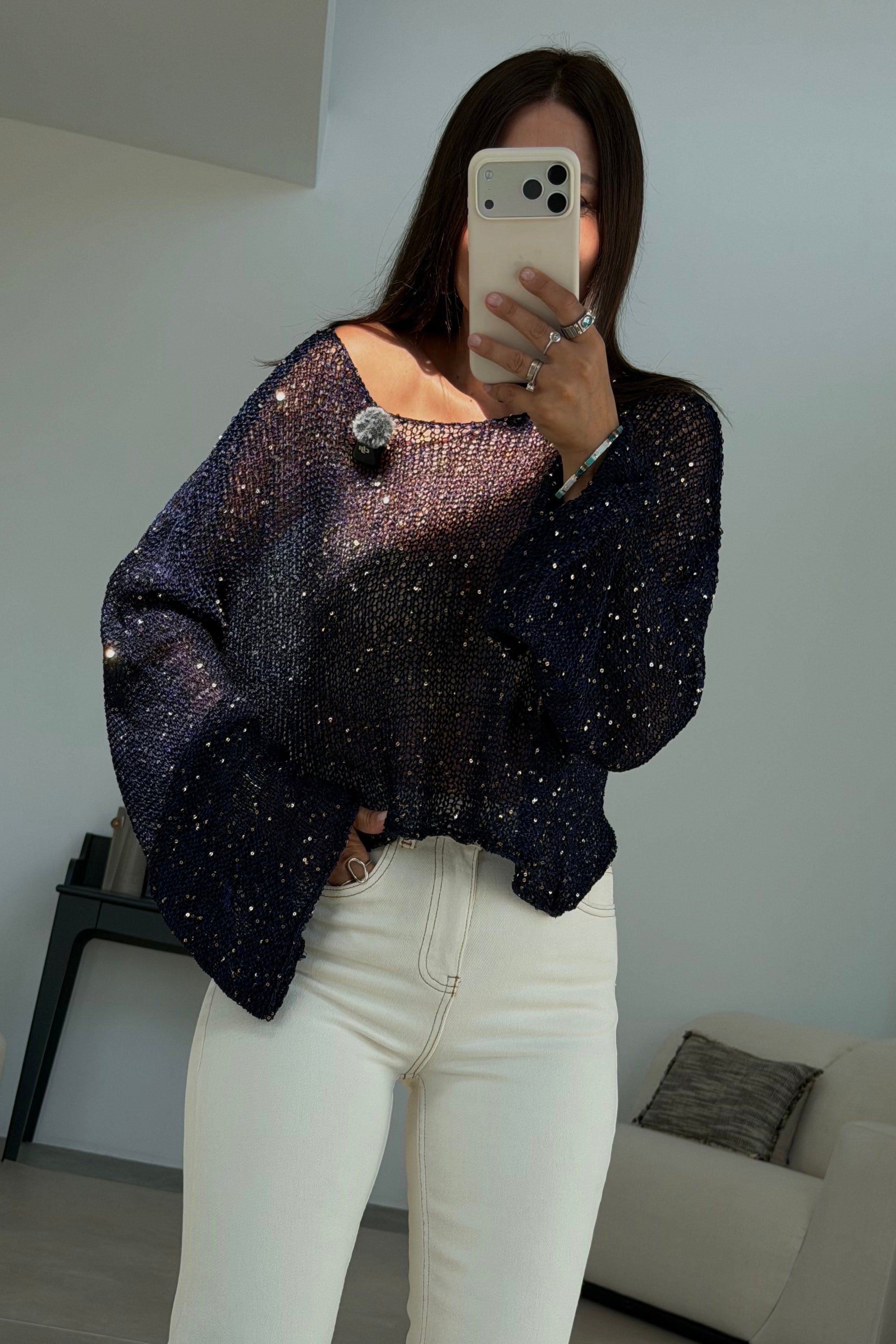 Işıltılı File Bluz LACİVERT