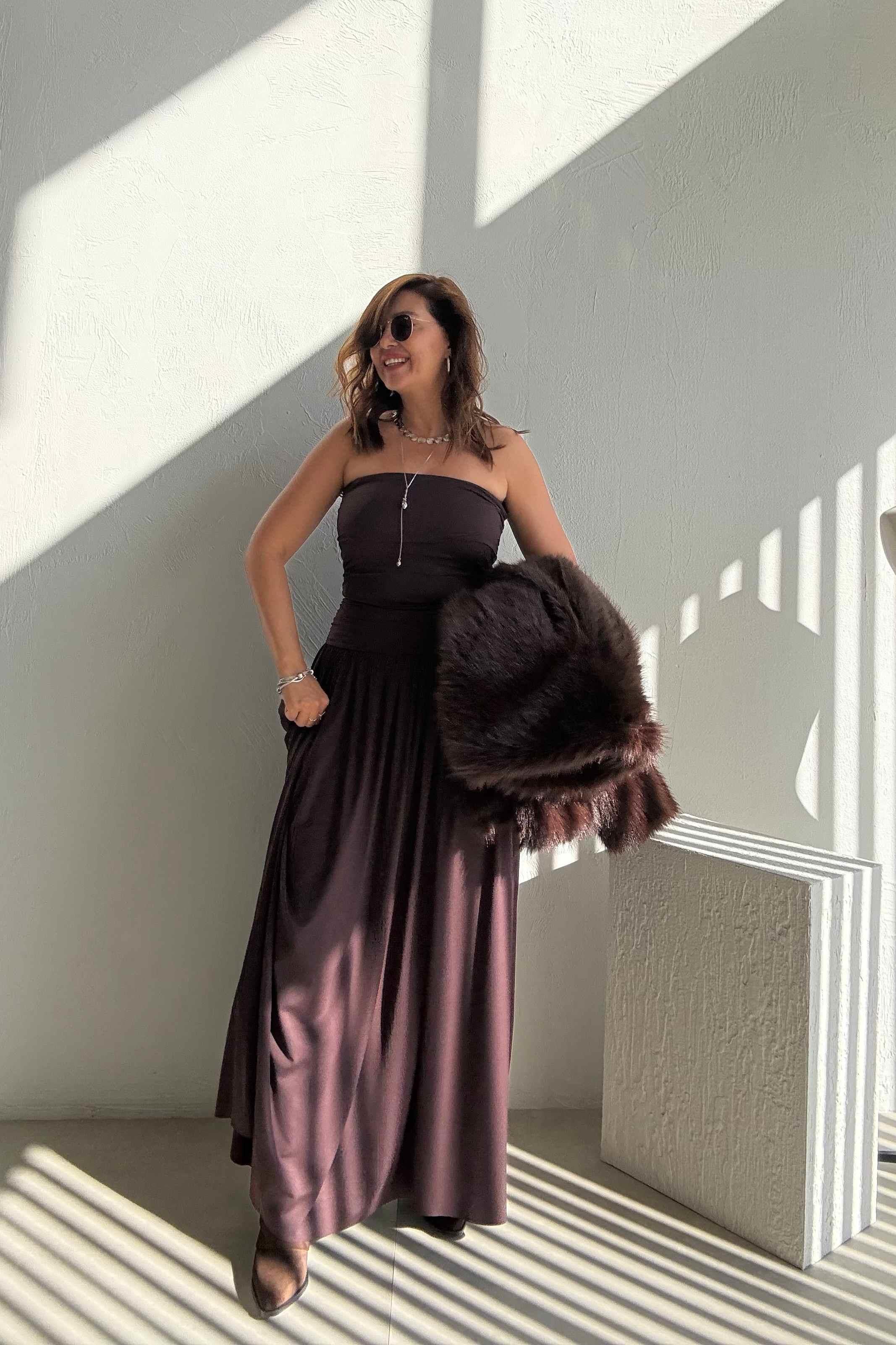 Kahve Drapeli Straplez Elbise 