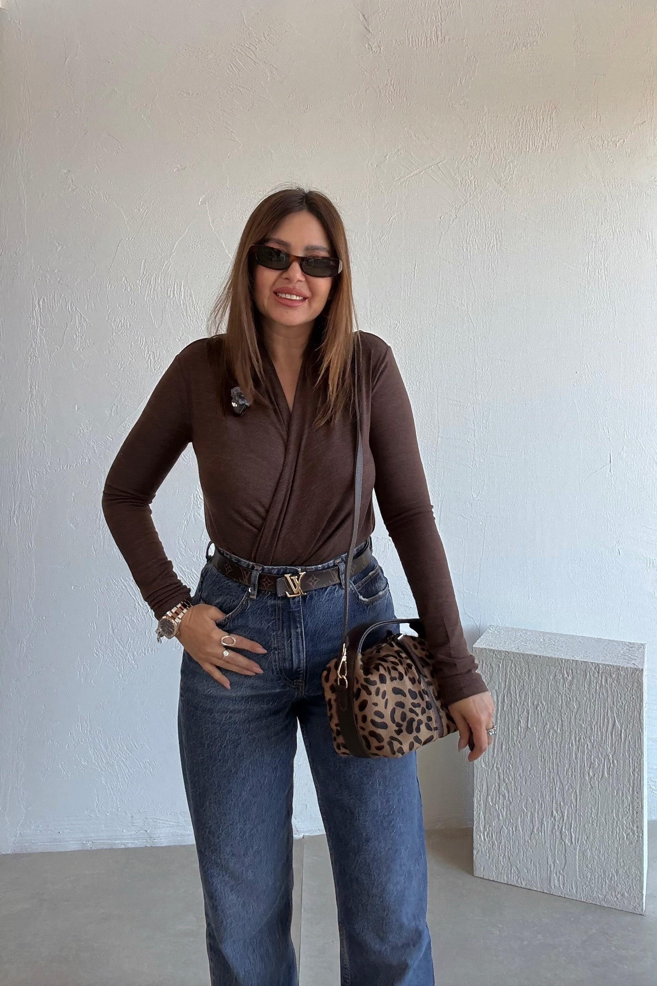 Kahverengi Drapeli Bodysuit 