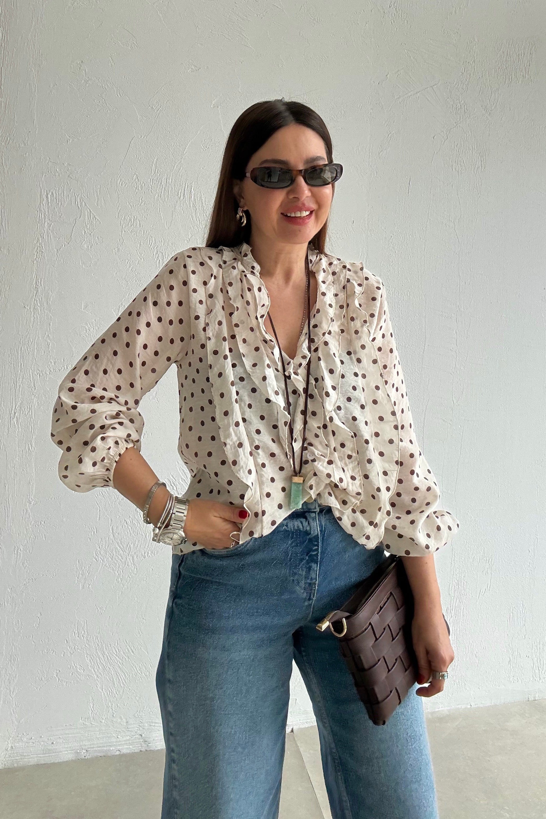 Kahverengi Puantiyeli Bluz