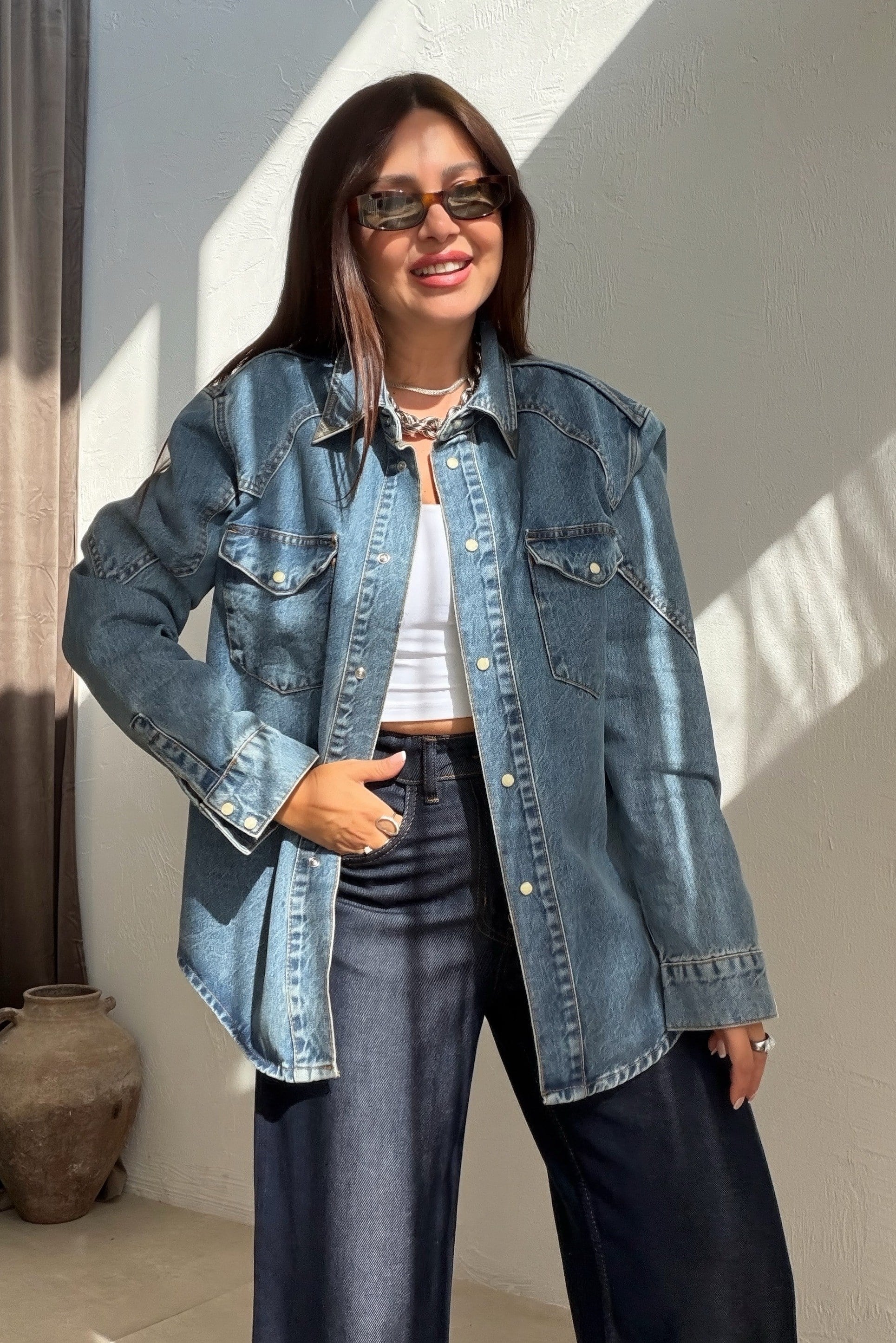 Kapak Cepli Denim Gömlek MAVİ