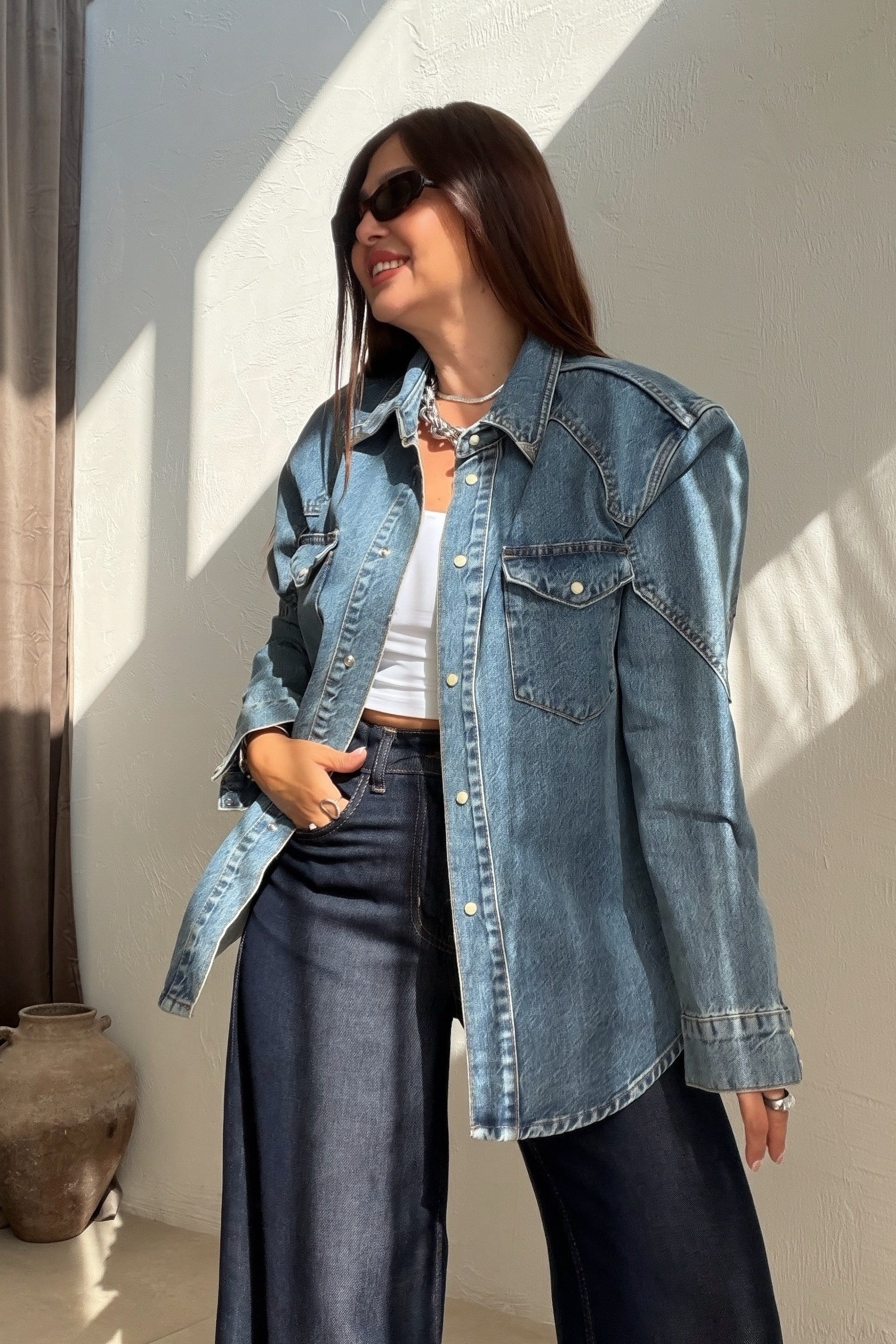 Kapak Cepli Denim Gömlek MAVİ