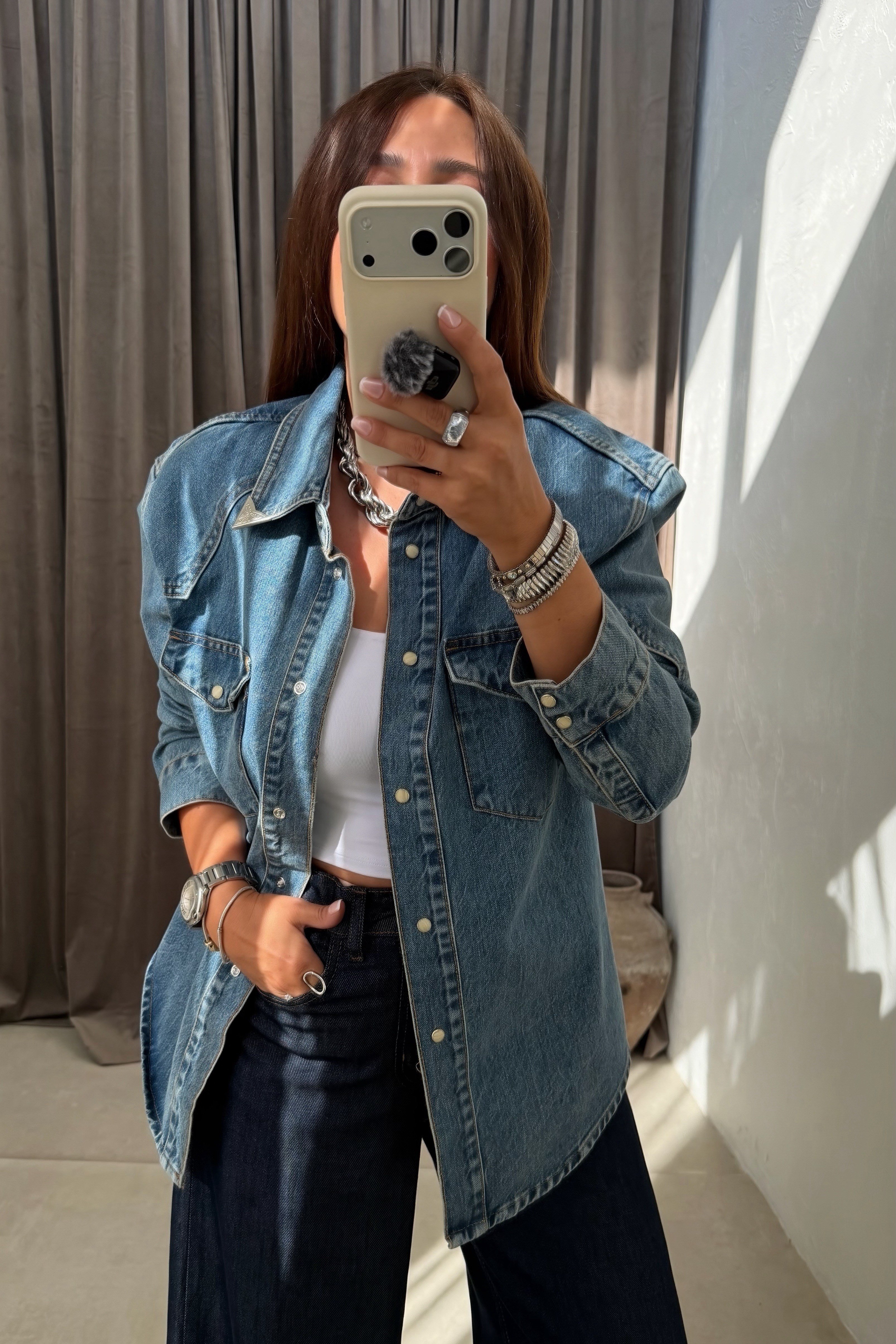 Kapak Cepli Denim Gömlek MAVİ