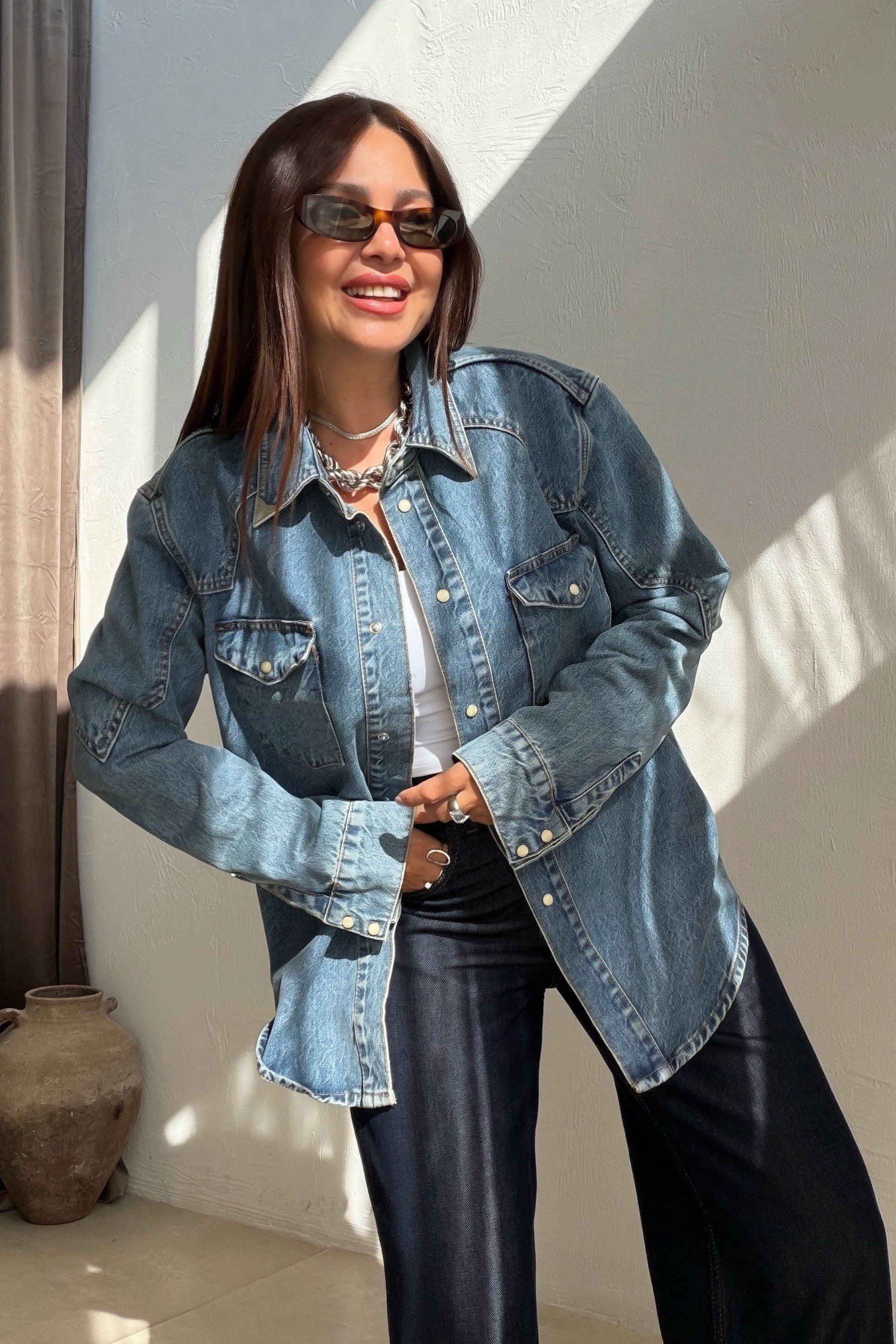 Kapak Cepli Denim Gömlek MAVİ