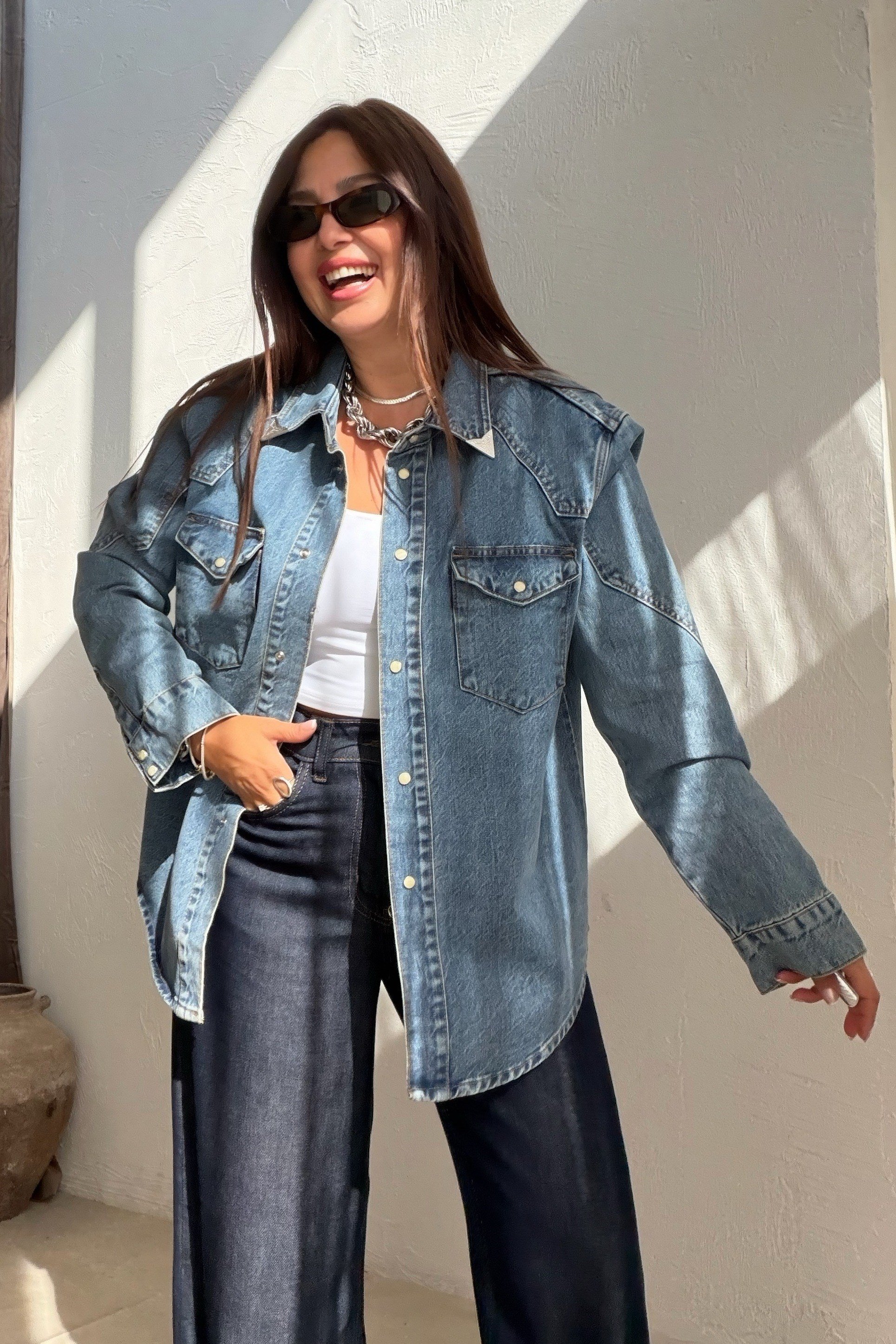 Kapak Cepli Denim Gömlek MAVİ