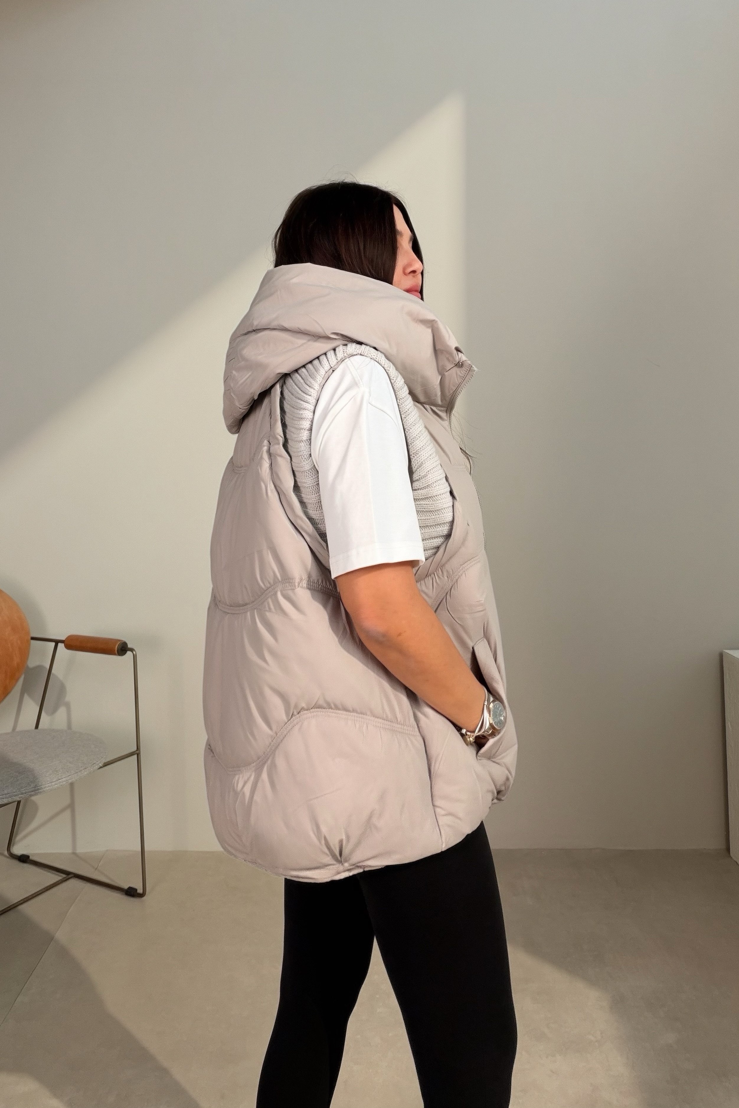 Kapüşonlu Puffer Yelek TAŞ