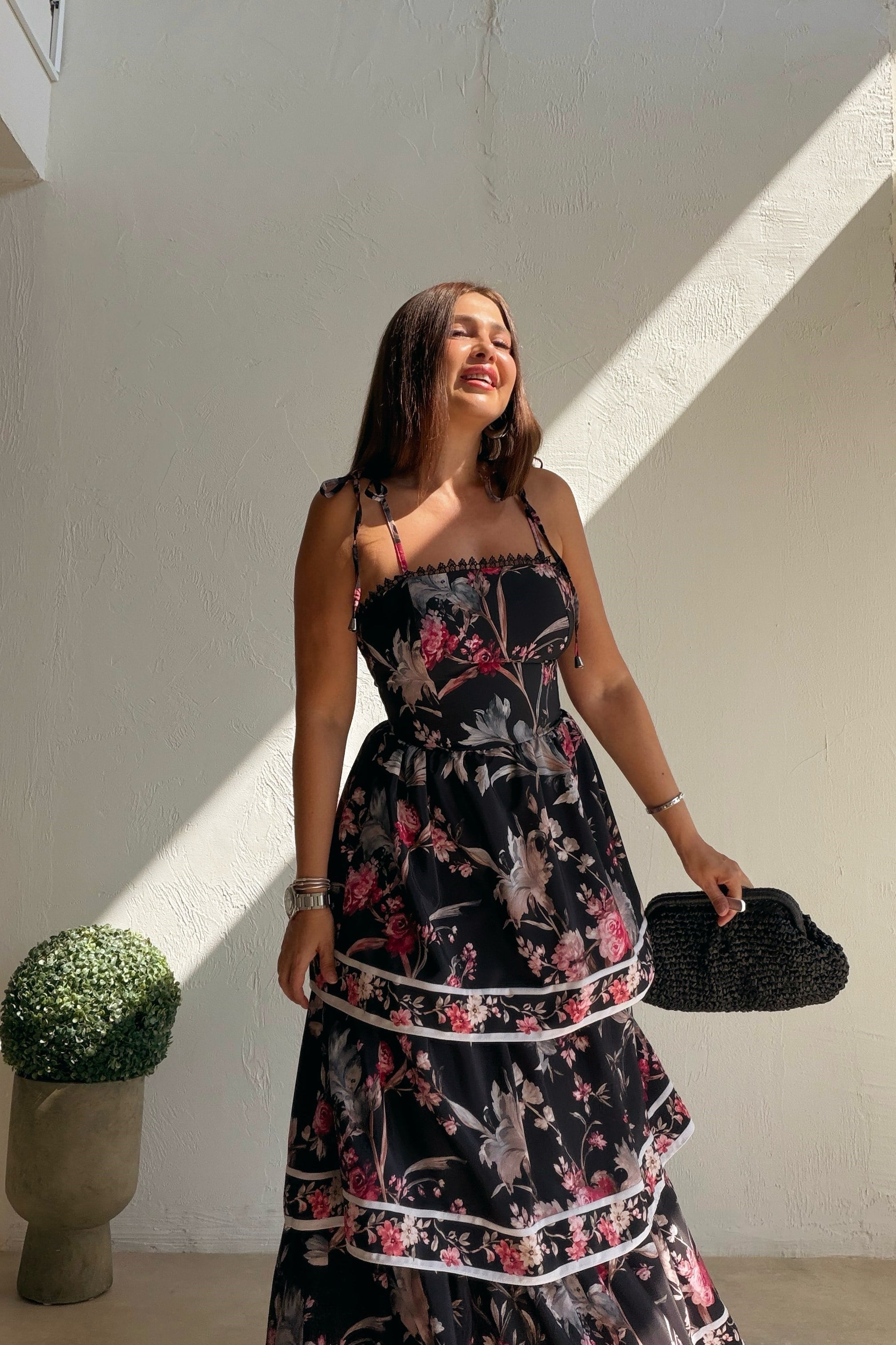 Katlı Floral Elbise SİYAH