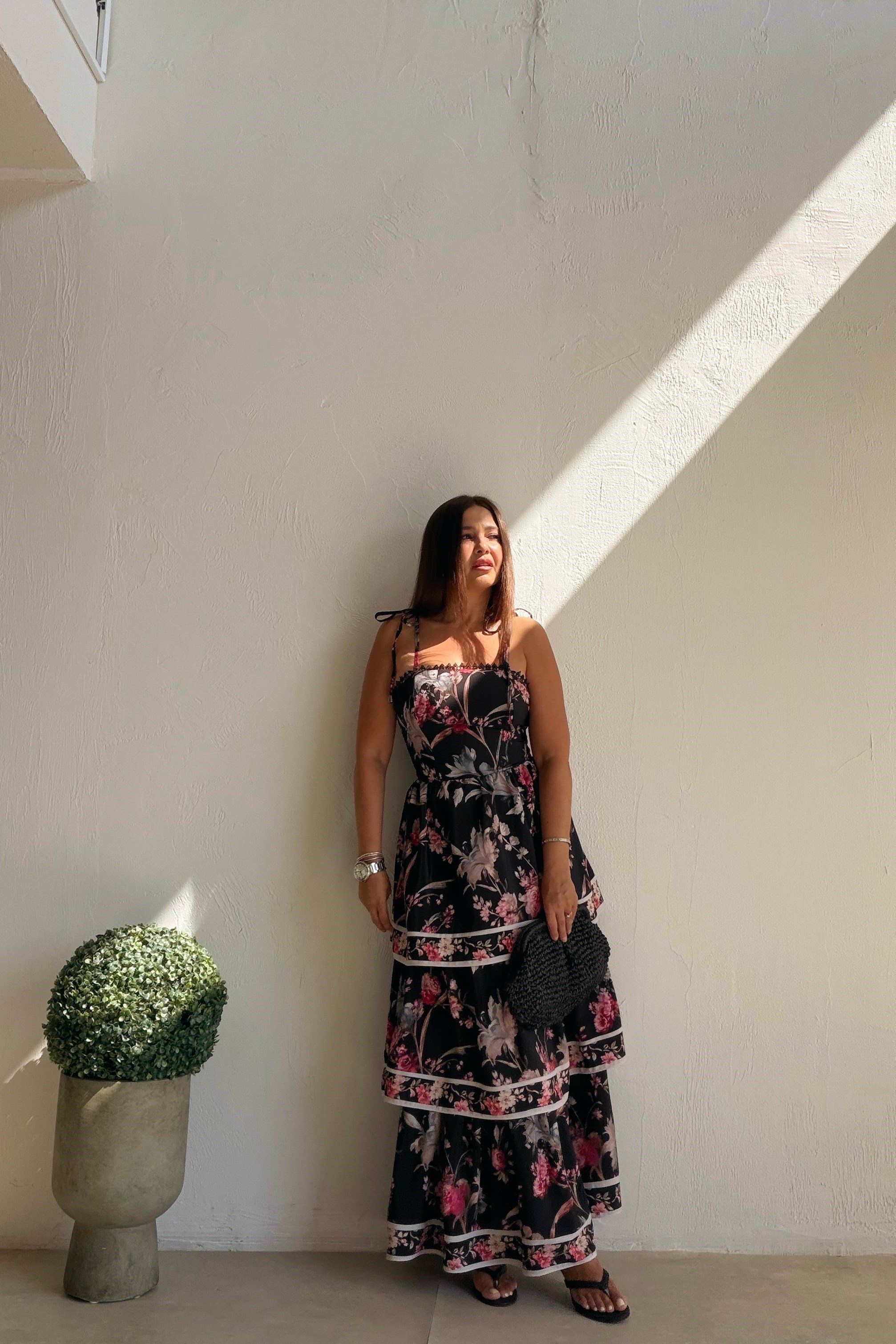 Katlı Floral Elbise SİYAH