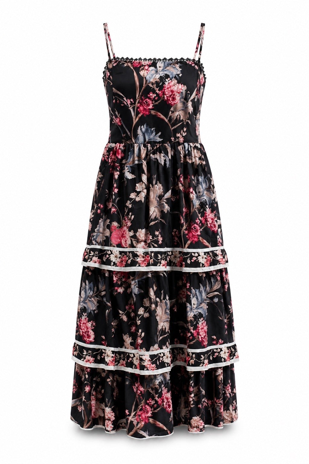 Katlı Floral Elbise SİYAH