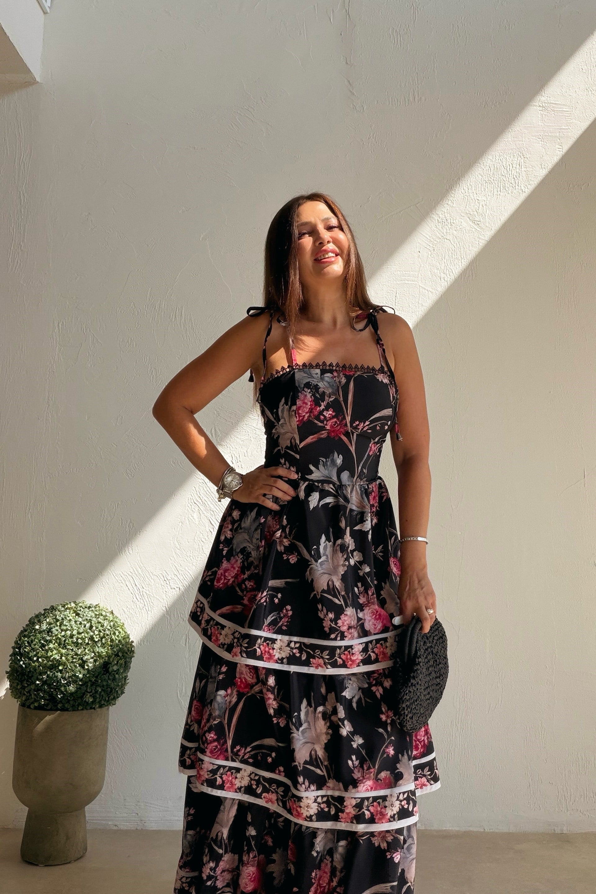 Katlı Floral Elbise SİYAH