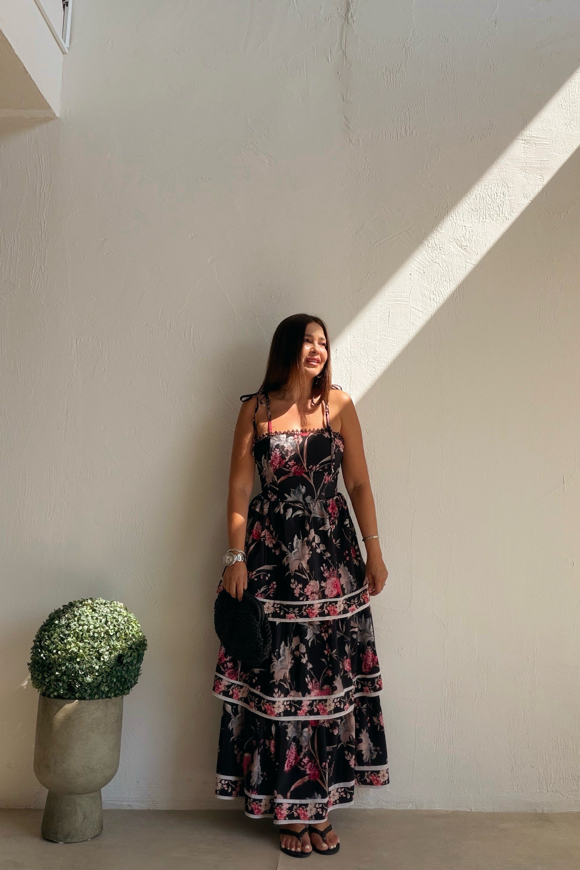 Katlı Floral Elbise SİYAH