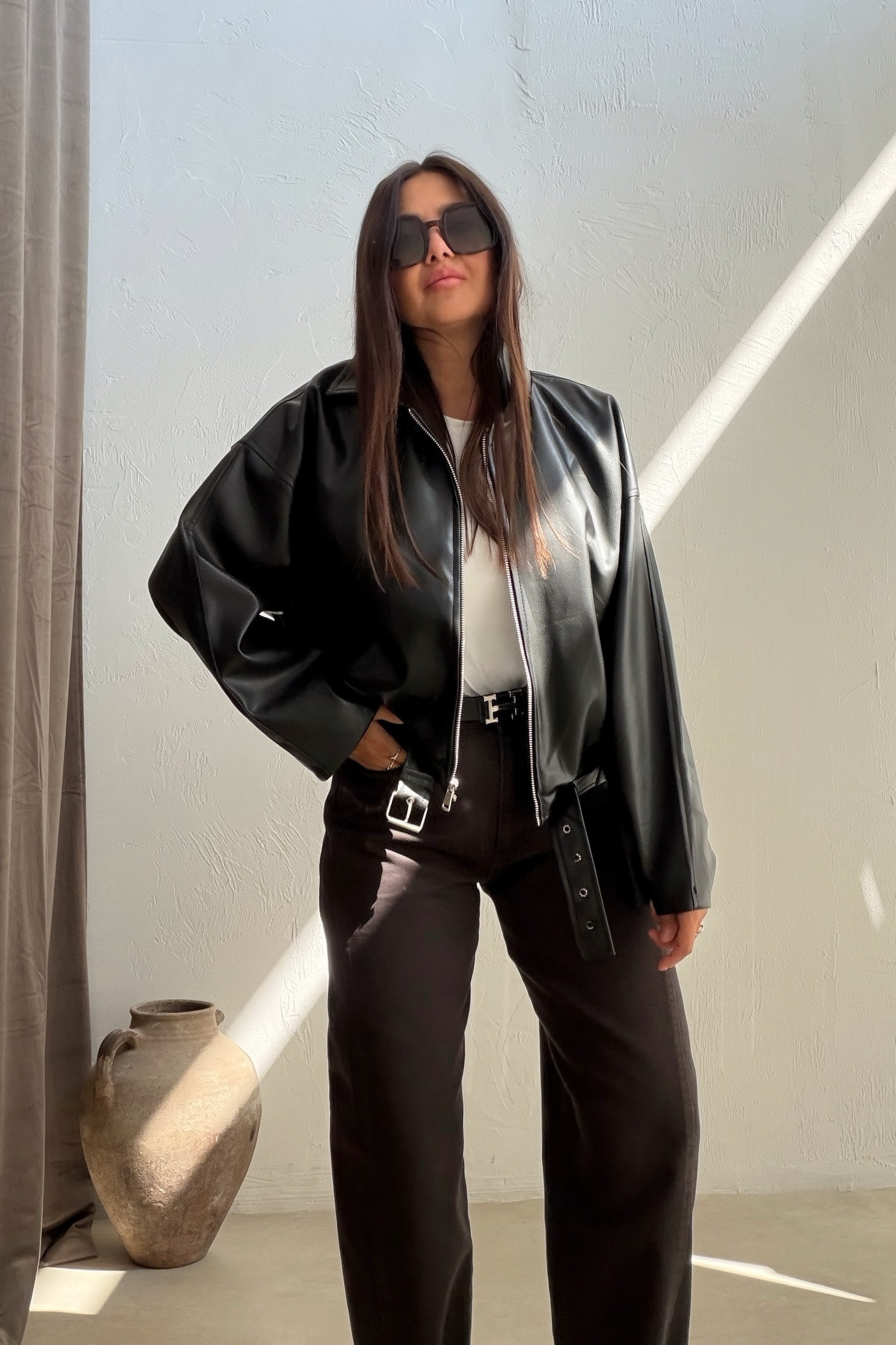 Kemerli Bomber Deri Ceket SİYAH