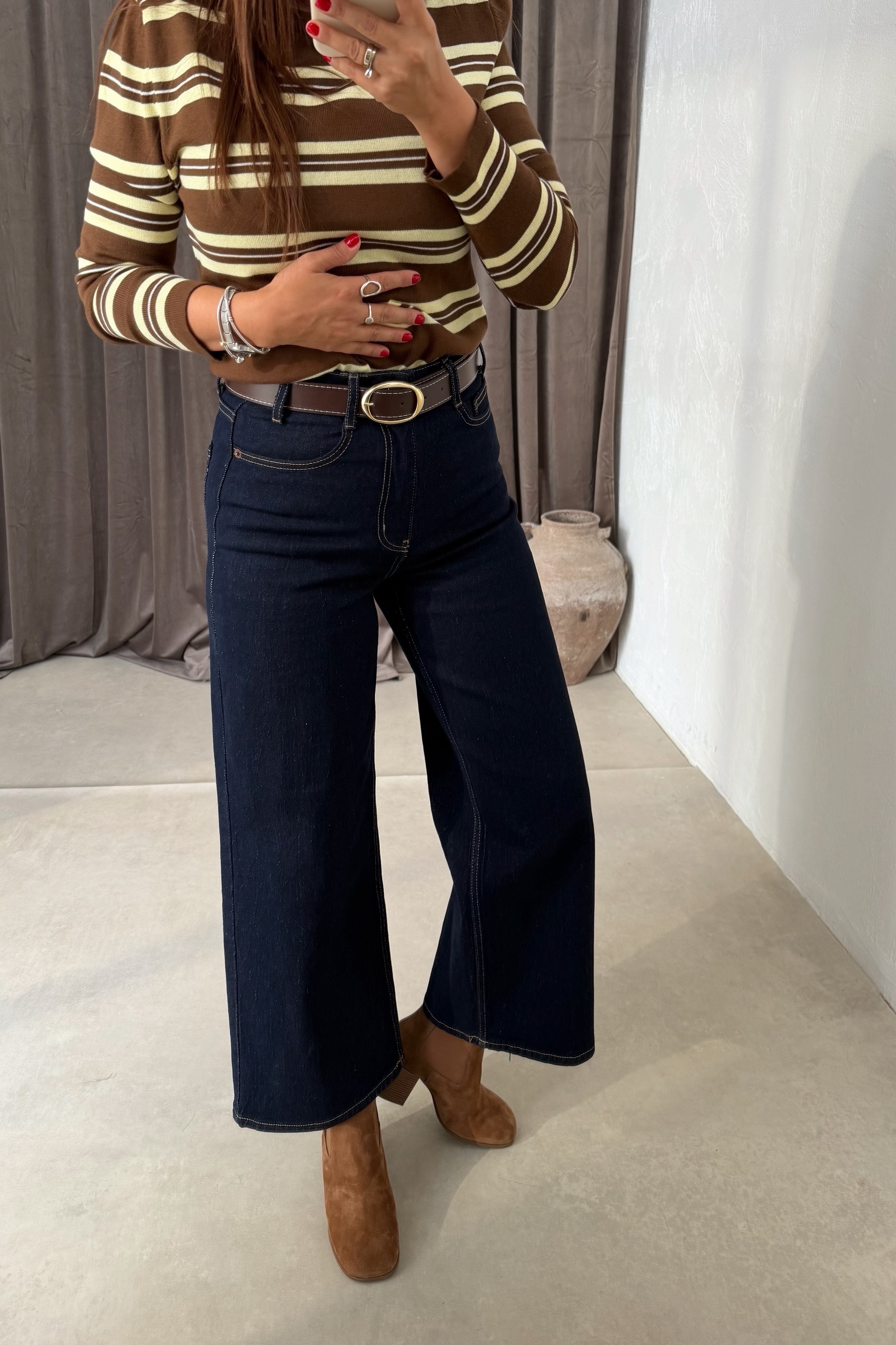 Kemerli Boy Fit Jean LACİVERT