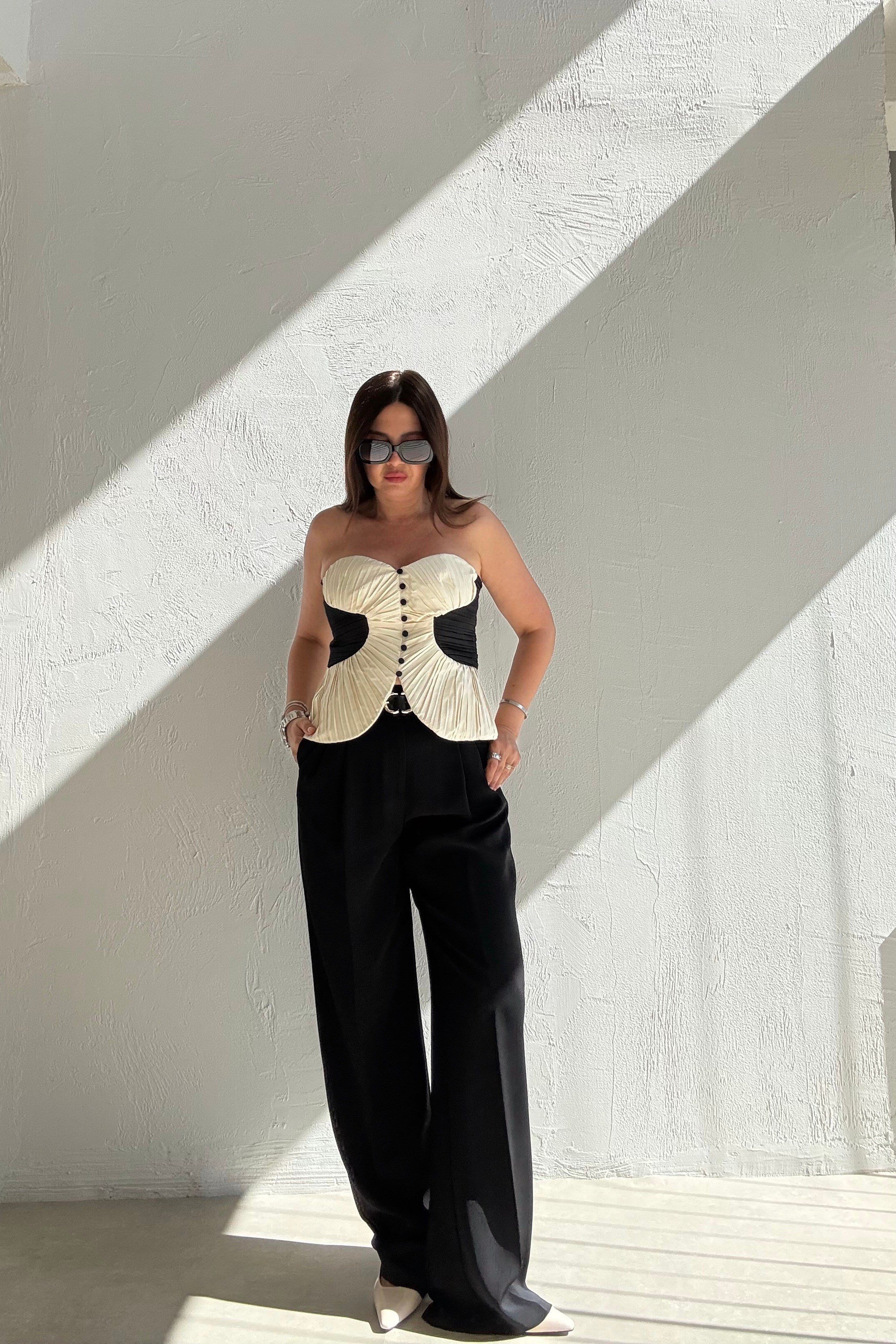 Kemerli Çift Pile Pantolon SİYAH