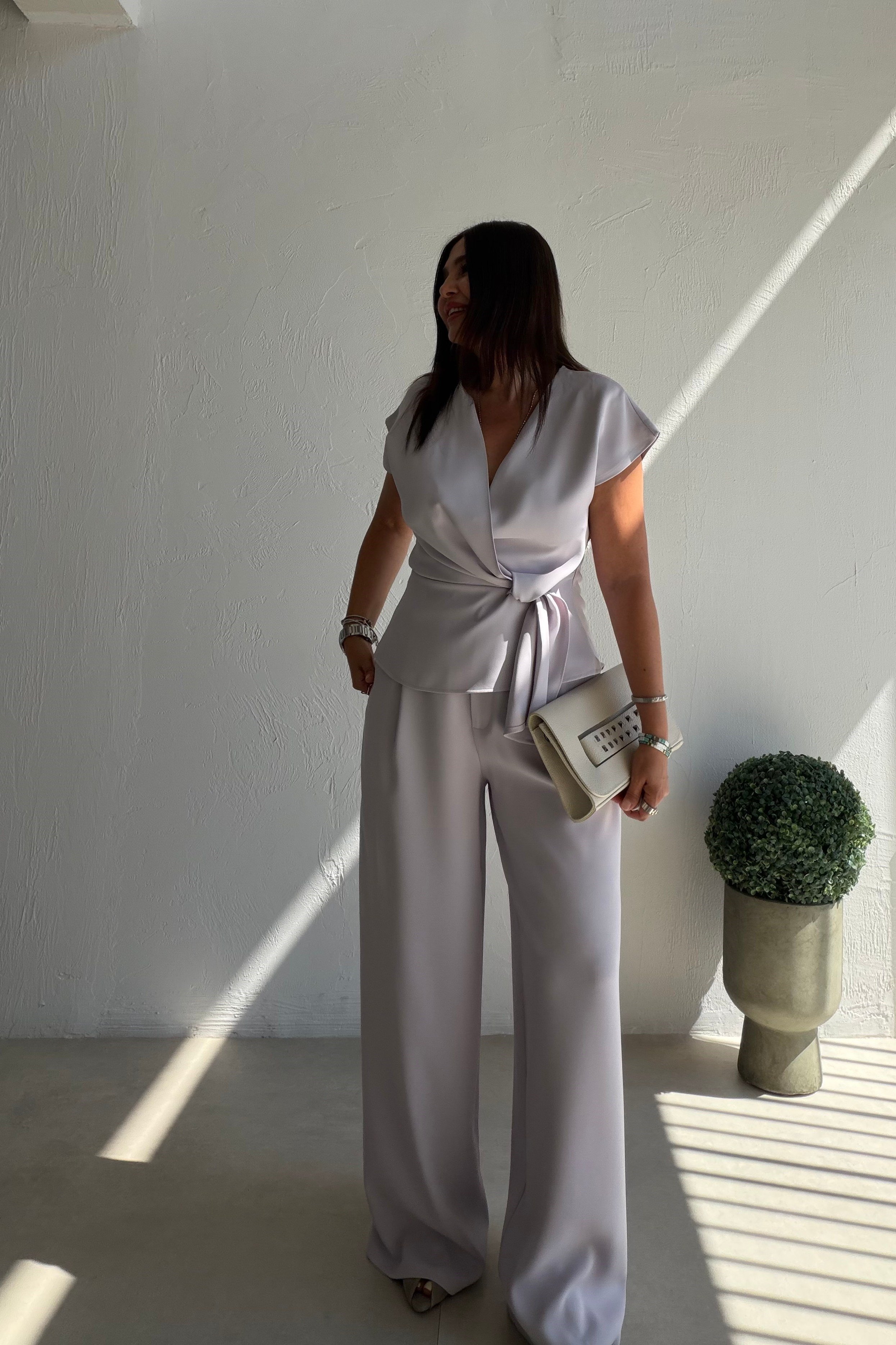 Kruvaze Dökümlü Pantolon Bluz Takım LİLA